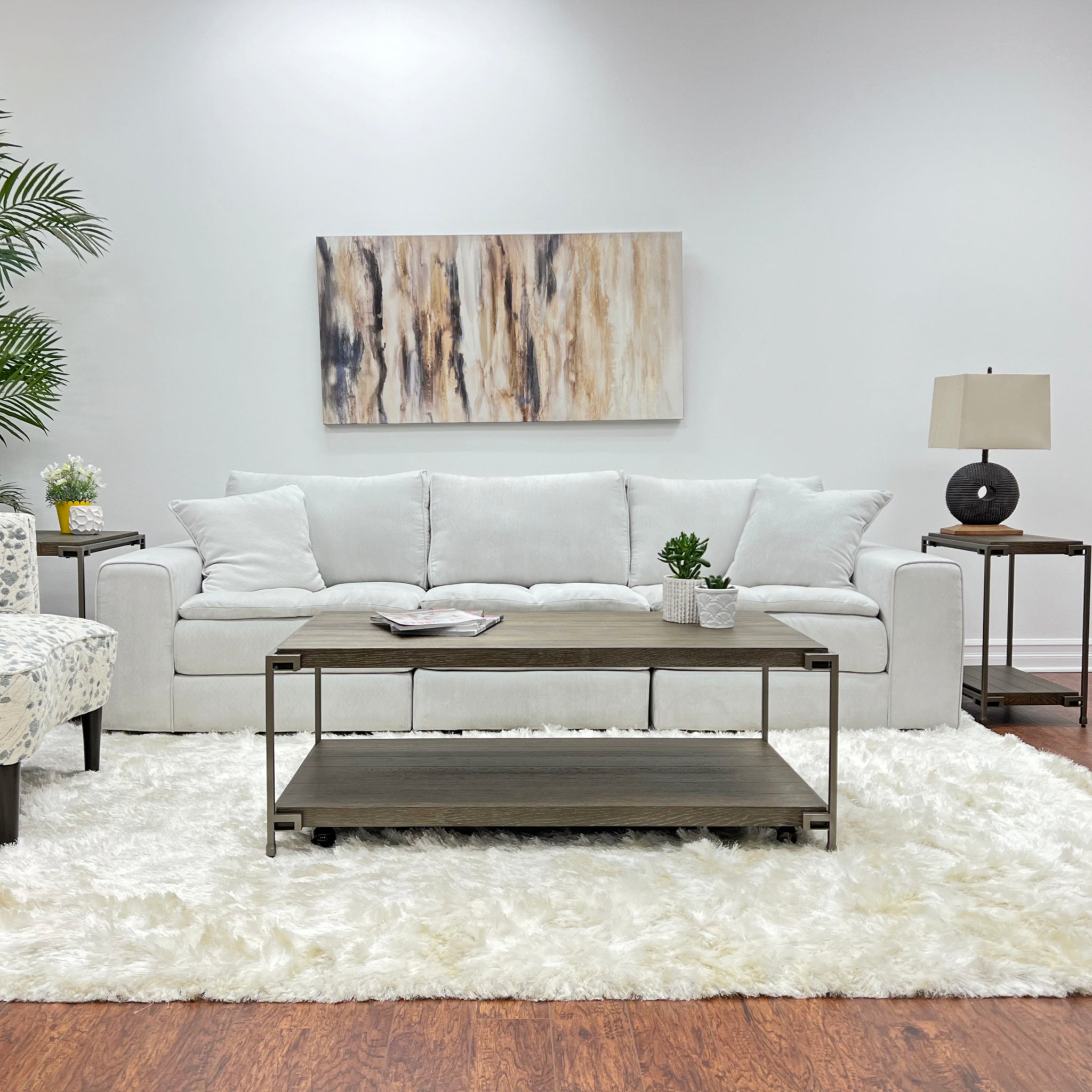 Corbeta 3 Piece Metal Frame Wood Living Room Coffee Table And 2 Chairside Tables Set, Aged Graphite Brown Primary Living Space Coffee & End Tables Rectangular Metal