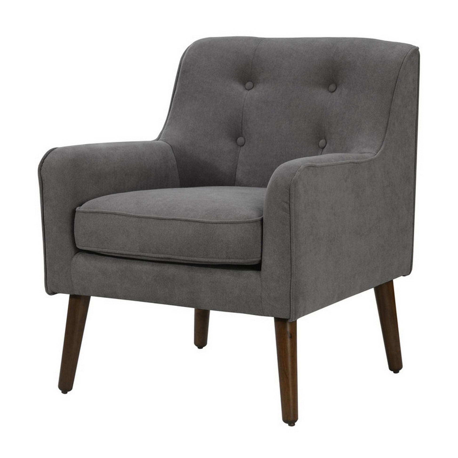 Kina 28 Inch Accent Chair, Gray Fabric, Button Tufted, Angled Wood Legs Gray Wood