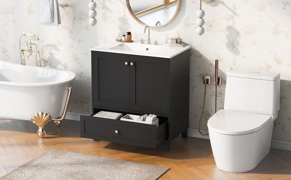 30" Black Bathroom Vanity Set With Ceramic Sink And Large Storage Space Ideal For Small Bathrooms Black Bathroom Solid Wood Mdf