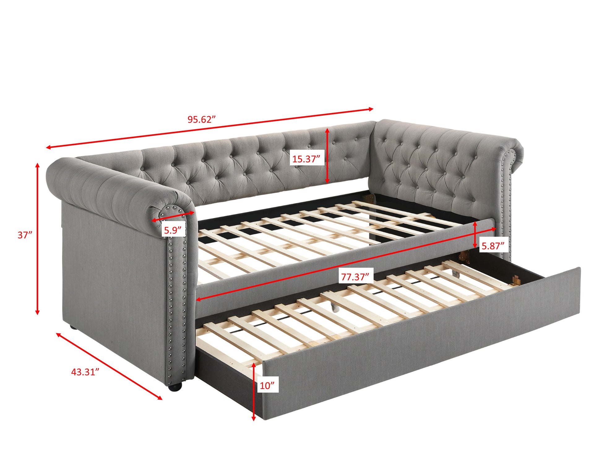 Luxurious 1Pc Modern Aesthetic Beautifully Button Tufted Trim Design Daybed Built In Pull Out Trundle Bed Living Space Guest Room Bedroom Dove Gray Twin Gray Wood Modern Solid Wood