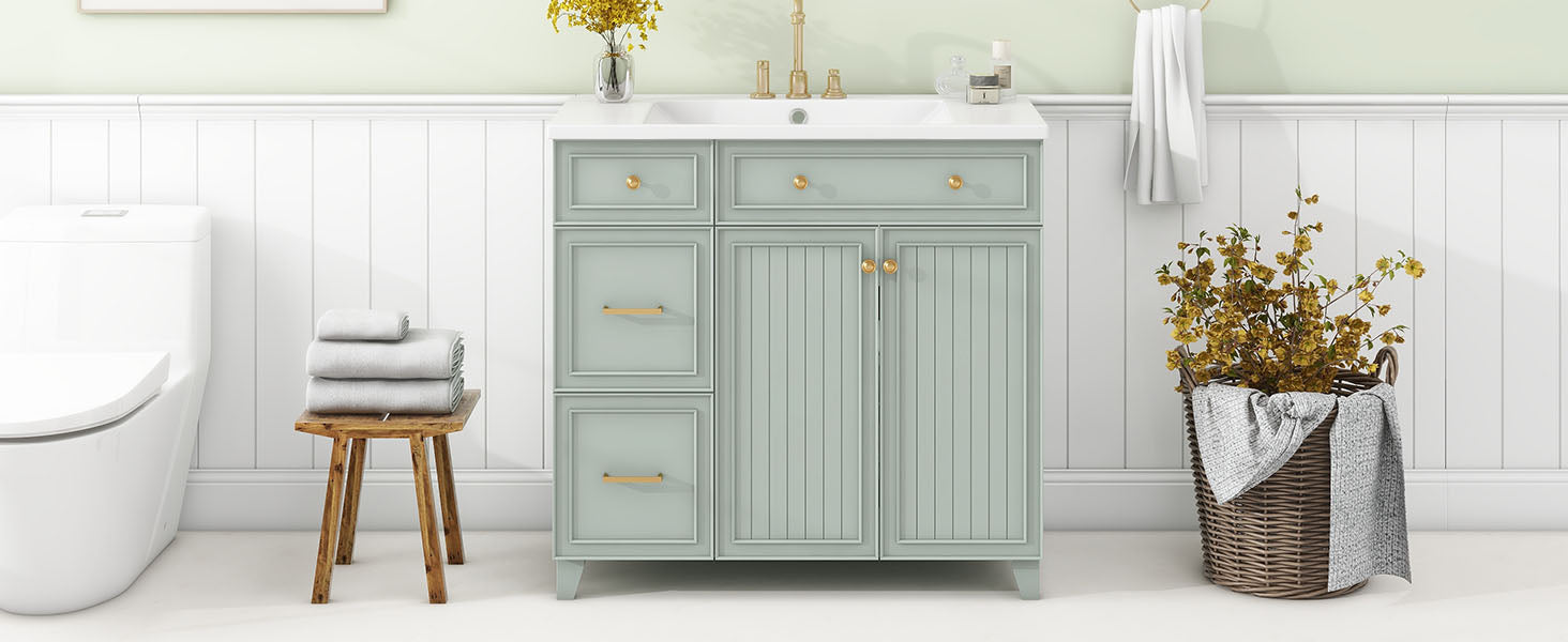 36 Inch Bathroom Vanity, Transitional Style Bathroom Cabinet With Resin Sink, Green Single Bathroom Cabinet, With 2 Drawers And 1 Adjustable Storage Shelf, 2 Soft Close Doors Green Bathroom Solid Wood Mdf Resin