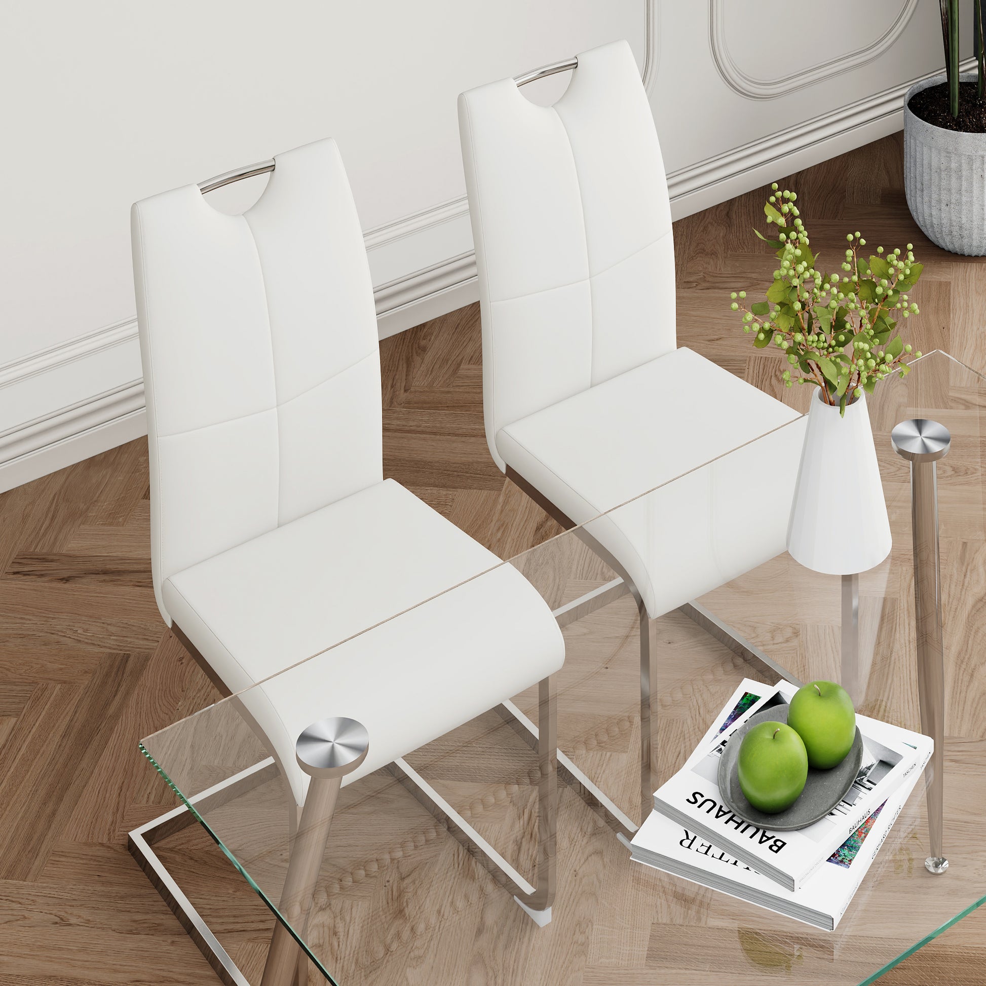 Modern Simple Rectangular Glass Dining Table, Solid Tempered Glass Tabletop, Electroplated Table Legs, White Pu Dining Chair Set, Suitable For Restaurant Kitchen Use Set Of 5 Upholstered Chair Glass White Pu Seats 4 Metal Rectangular Dining Table With