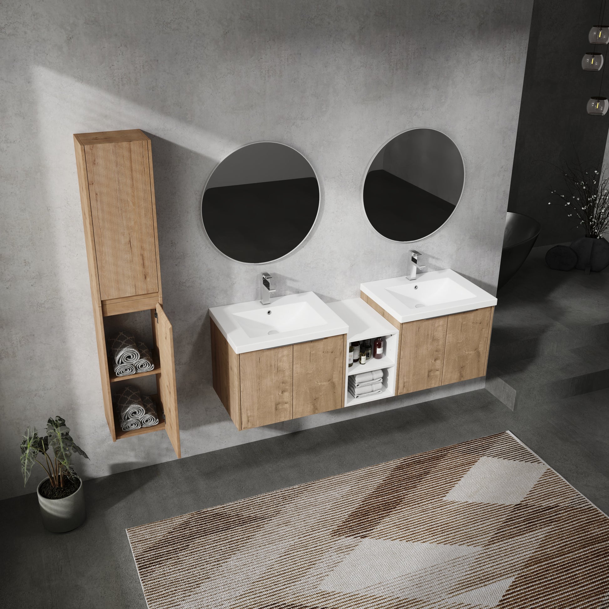 60" Wall Mounted Bathroom Vanity With Sink And Side Cabinet, Soft Close Doors,00112Imox2 0624Imox2 0612Gwh Combination Cabinet Kd Packing Imitative Oak Bathroom Modern Plywood Plywood