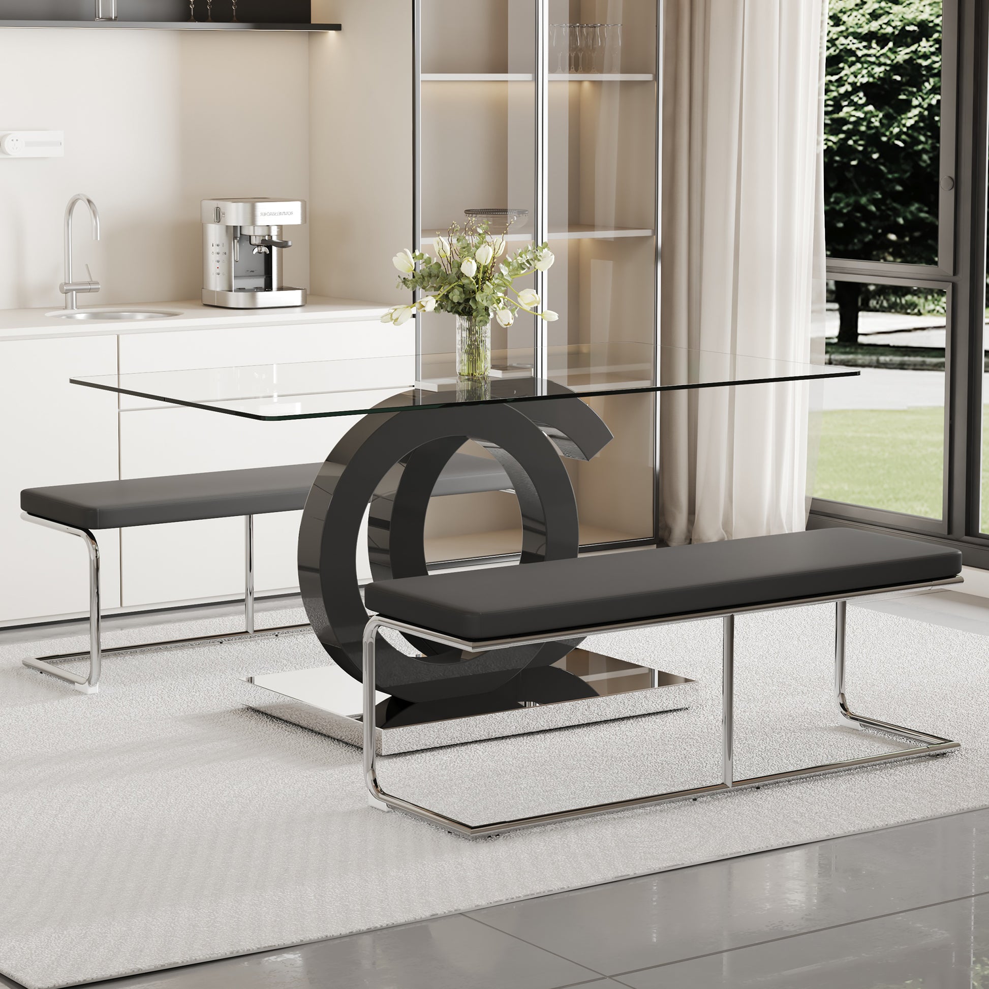 Table And Chair Set, Large Modern Minimalist Rectangular Glass Dining Table Suitable For 6 8 People, Equipped With 0.39 "Tempered Glass Tabletop, Mdf Oc Shaped Bracket, And Metal Base. Black Glass