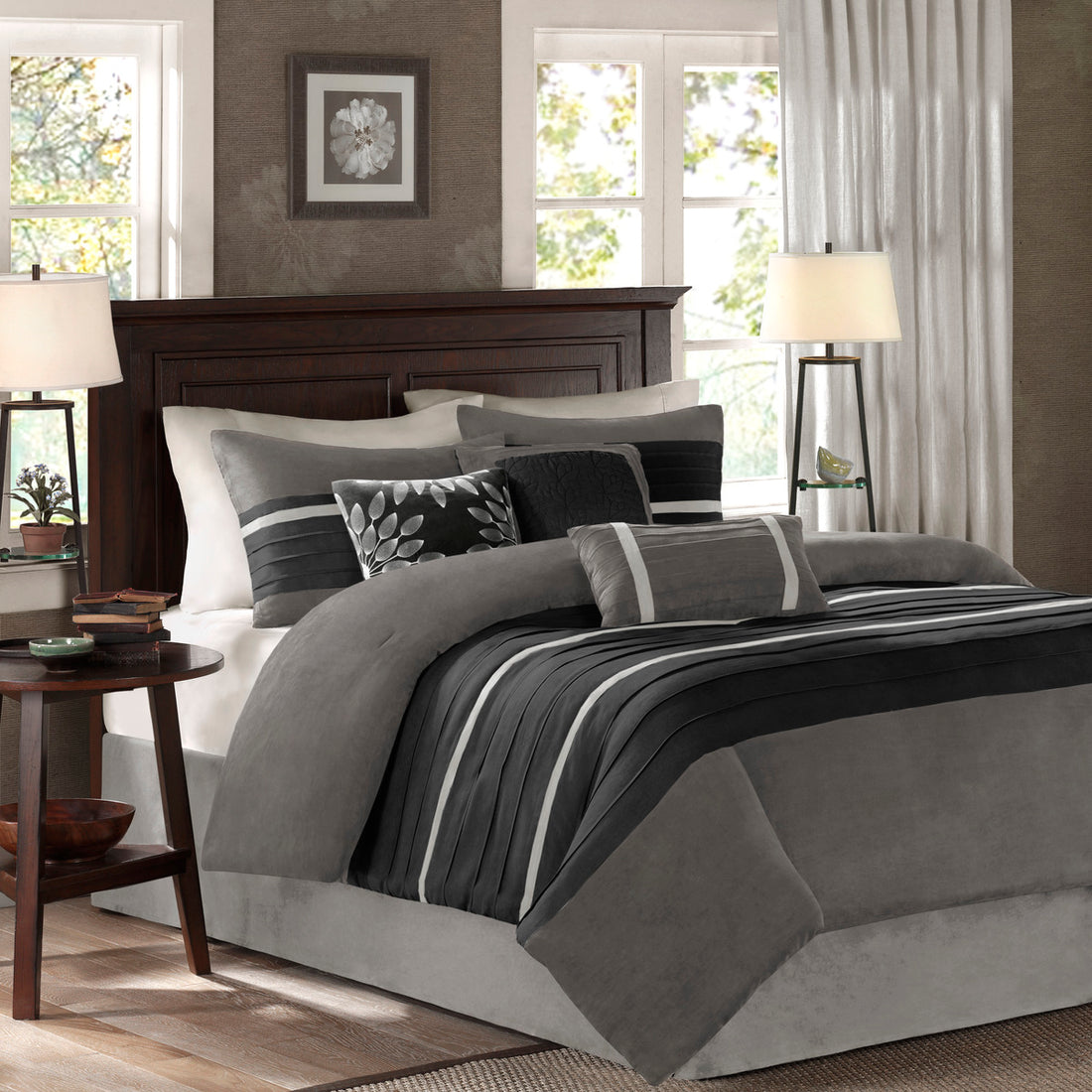 7 Pc Pieced Faux Suede Comforter Set Black King King Black Polyester