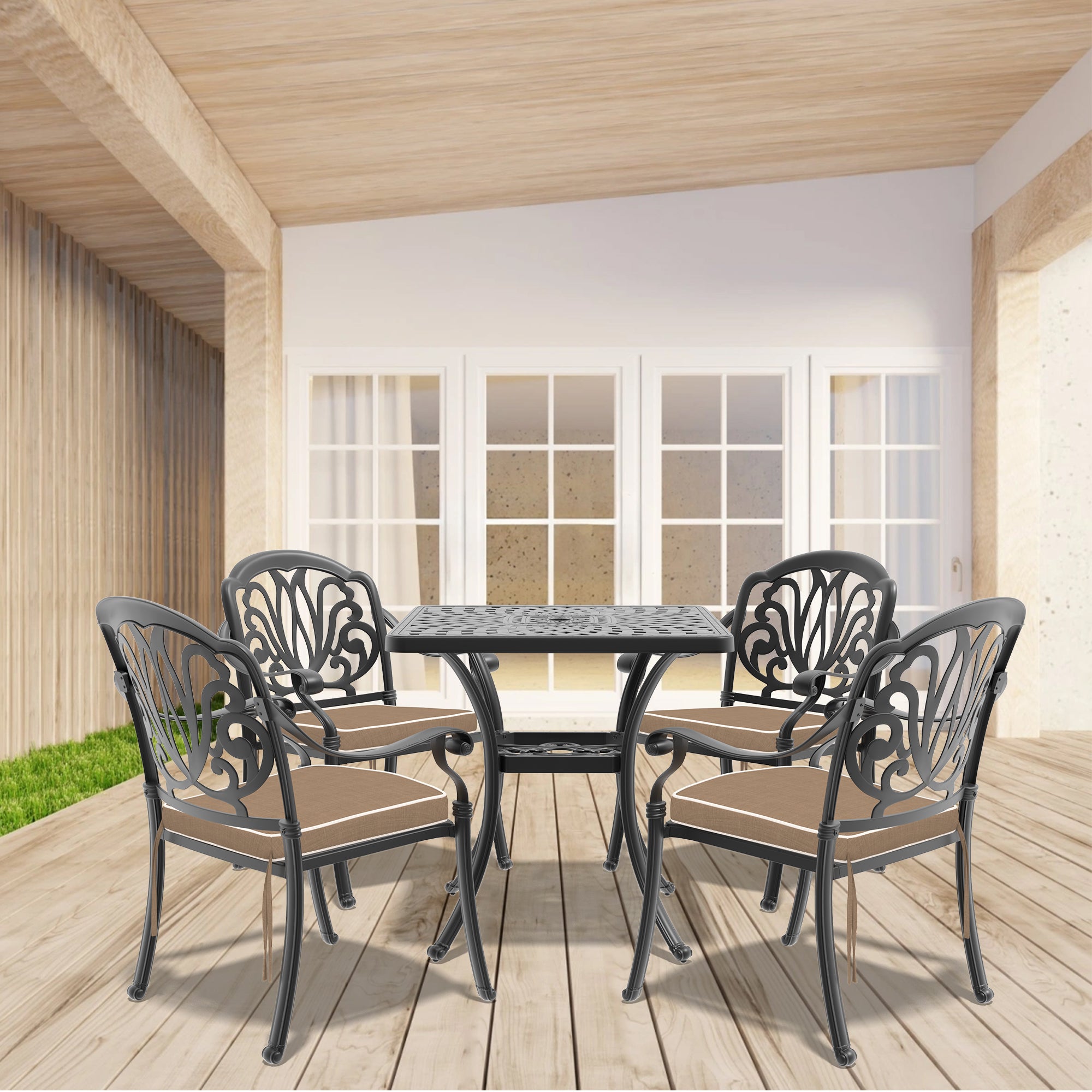 Cushions In Random Colors 5 Piece Set Of Cast Aluminum Patio Furniture With Cushions Yes Dining Set Black Seats 4 Rust Resistant Frame Water Resistant Cushion Garden & Outdoor Complete Patio Sets Aluminium