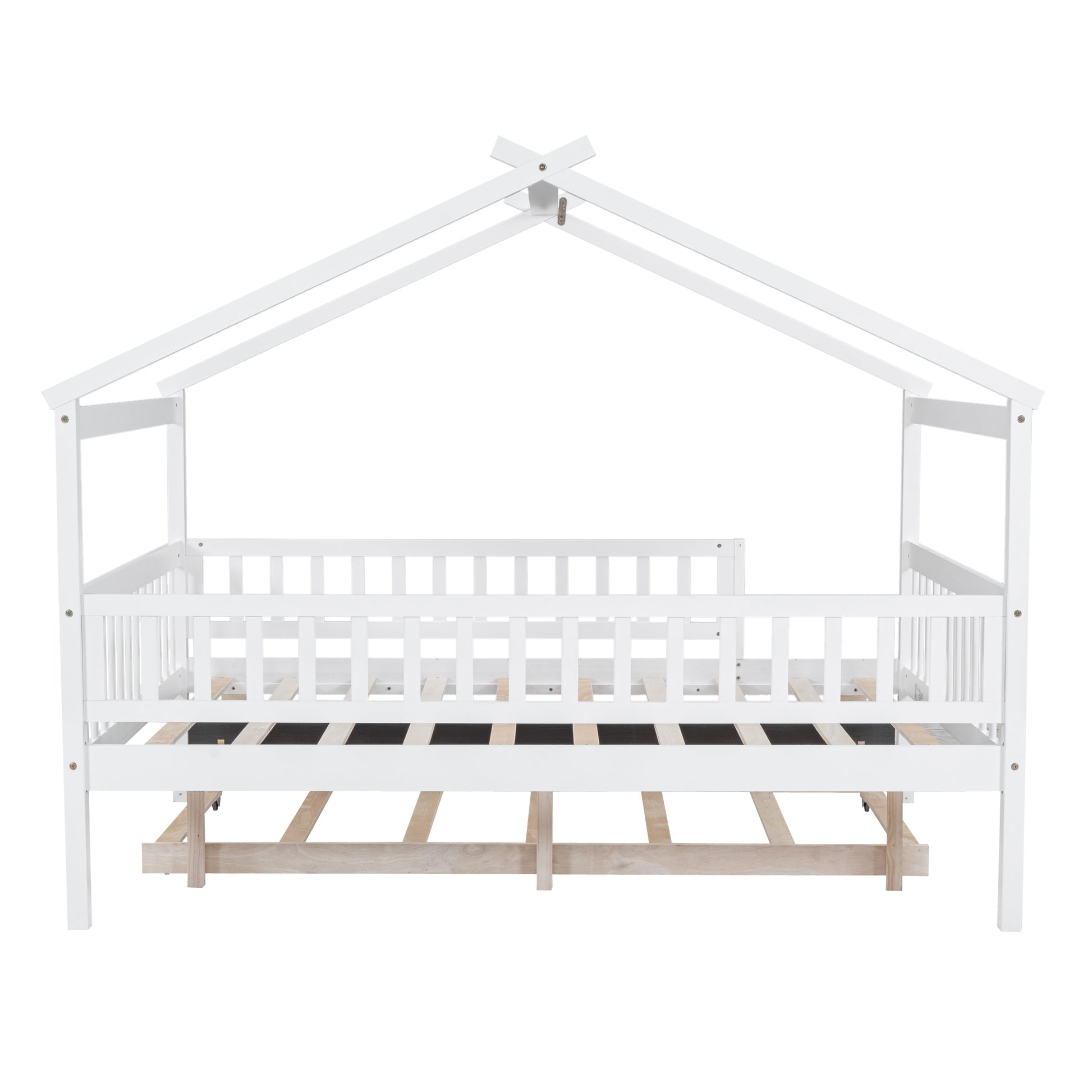 Full Size Wooden House Bed With Twin Size Trundle, White Full White Solid Wood Mdf