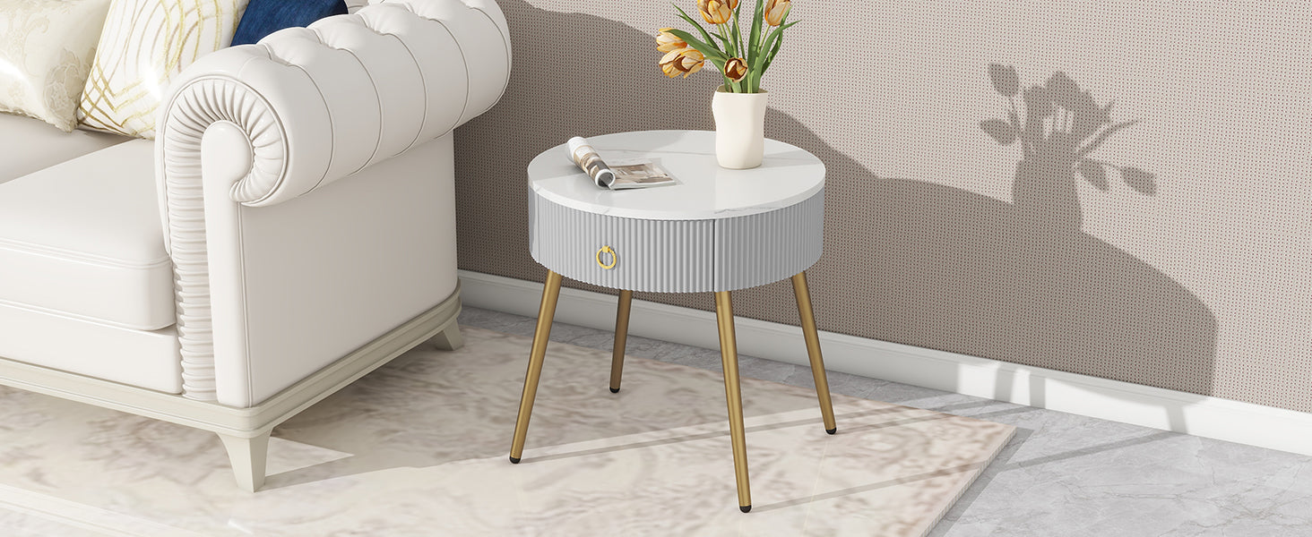 19.6'' Easy Assembly End Tables With High Gloss Faux Marble Tabletops, Set Of 2, Modern Fluted 2 Side Tables With Drawers, Round Coffee Tables With Golden Legs For Living Room, Grey Grey Gold Primary Living Space Drawers Round Mdf Iron