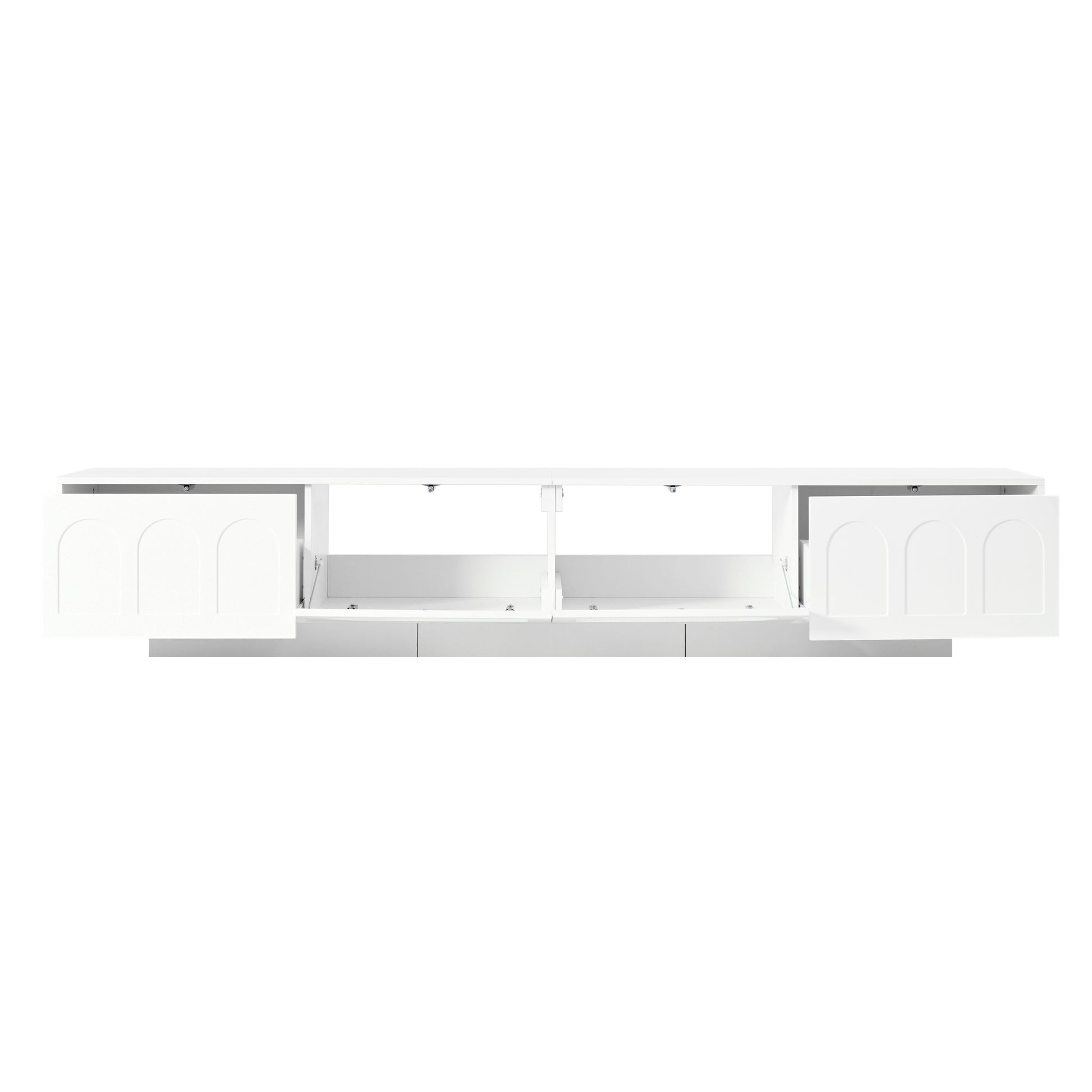 Tv Stand With Fluted Tempered Glass Doors For Tvs Up To 95'', Functional Media Console With Arched Cabinet Doors, Entertainment Center With App Controlled Led Light For Living Room, White White Primary Living Space 90 Inches Or Larger 90 Inches Or Larger