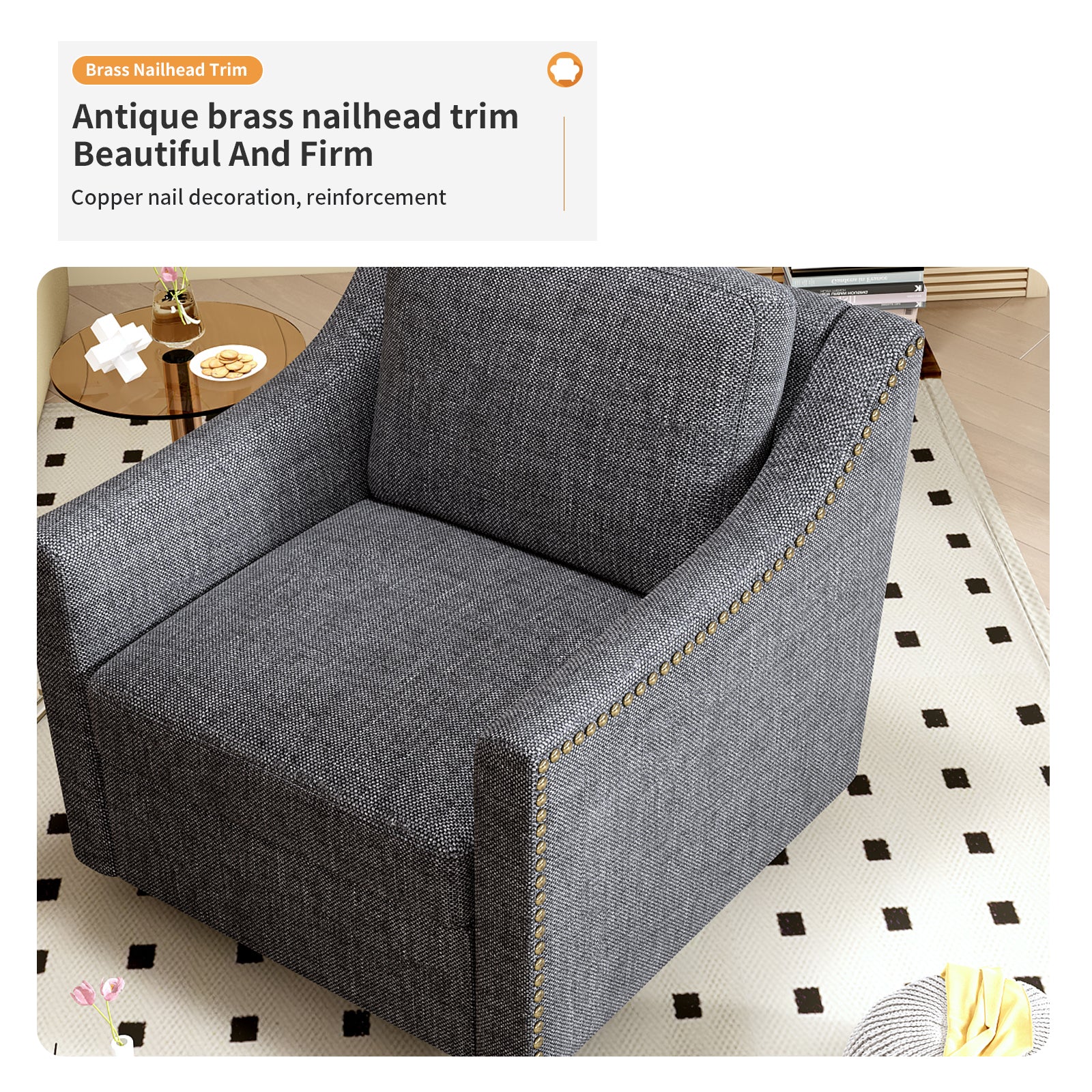 360 Degree Swivel Armchair Cotton Linen Skin Friendly Fabric Ergonomic Design Brass Nail Decorative Armchair Living Room Chairs Bedroom Chairs Living Room Chairs Black Legs Suitable For Indoor Homes Black Gray Modern Foam Cotton Linen