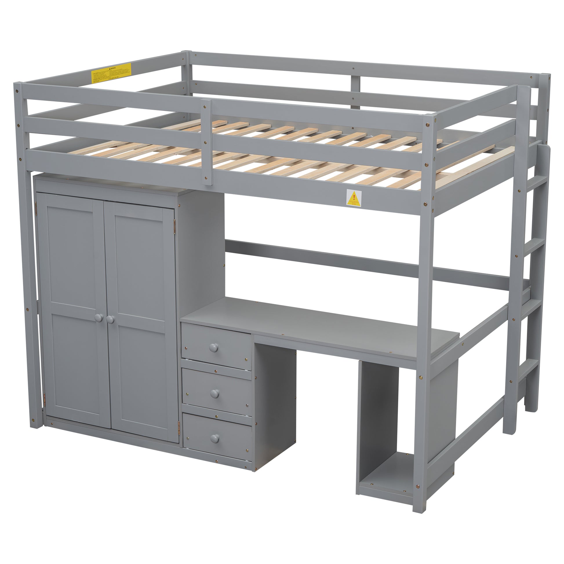 Full Size Loft Bed With Wardrobe, Desk And Storage Drawers, Gray Full Gray Pine