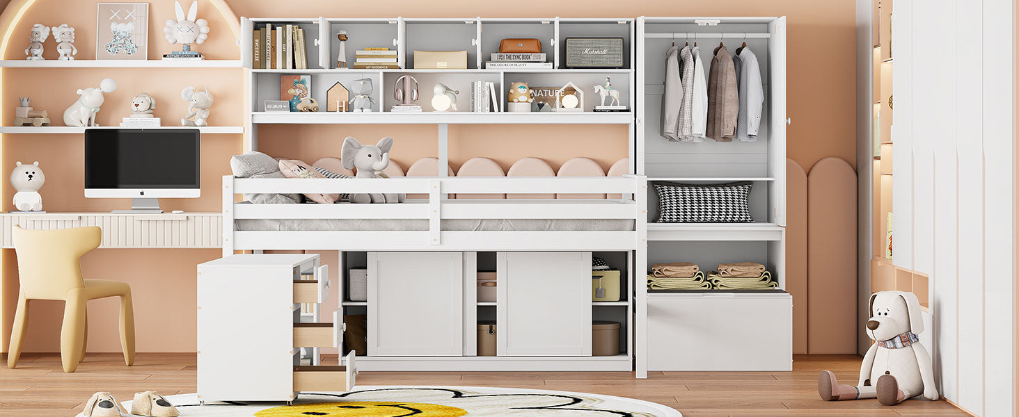 Full Size Wooden Loft Bed Big Storage With Under Bed Desk, With Drawers, With Shelves, White Full White Plywood