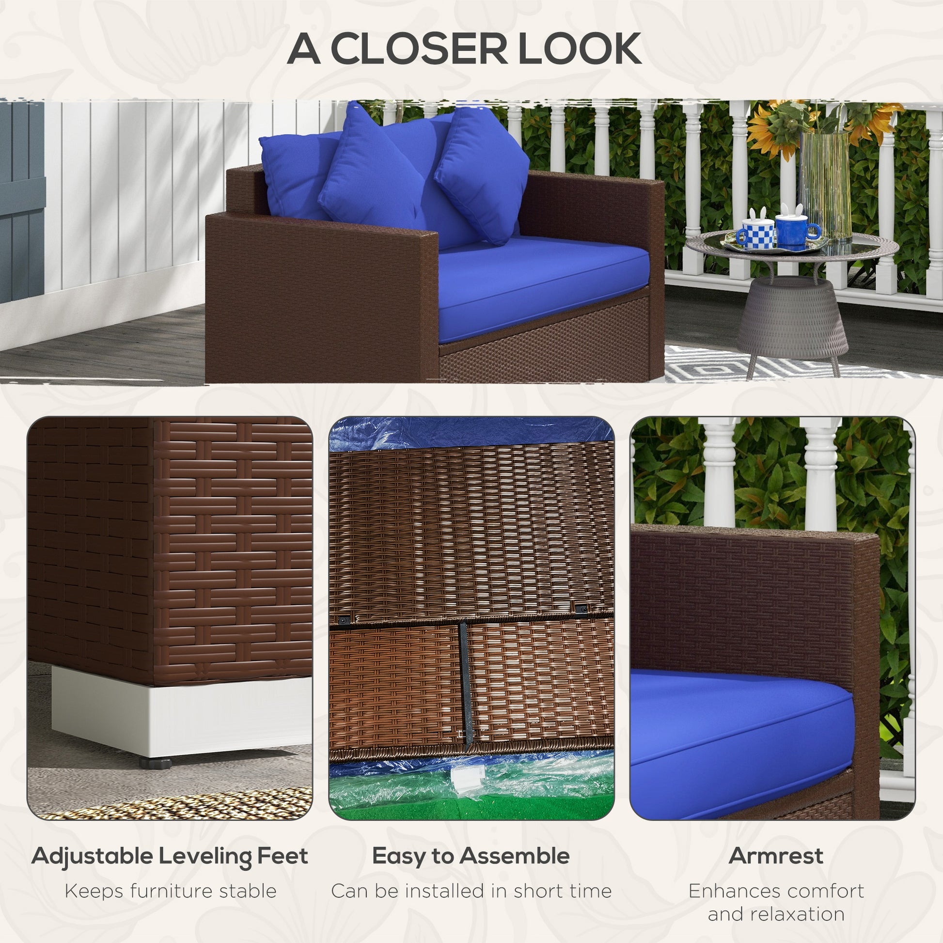 Outsunny Patio Wicker Loveseat With Cushions, 2 Seat Outdoor Pe Rattan Couch Sofa With Throw Pillows, For Porch, Backyard, Garden, Poolside, Blue Dark Blue Rattan Metal