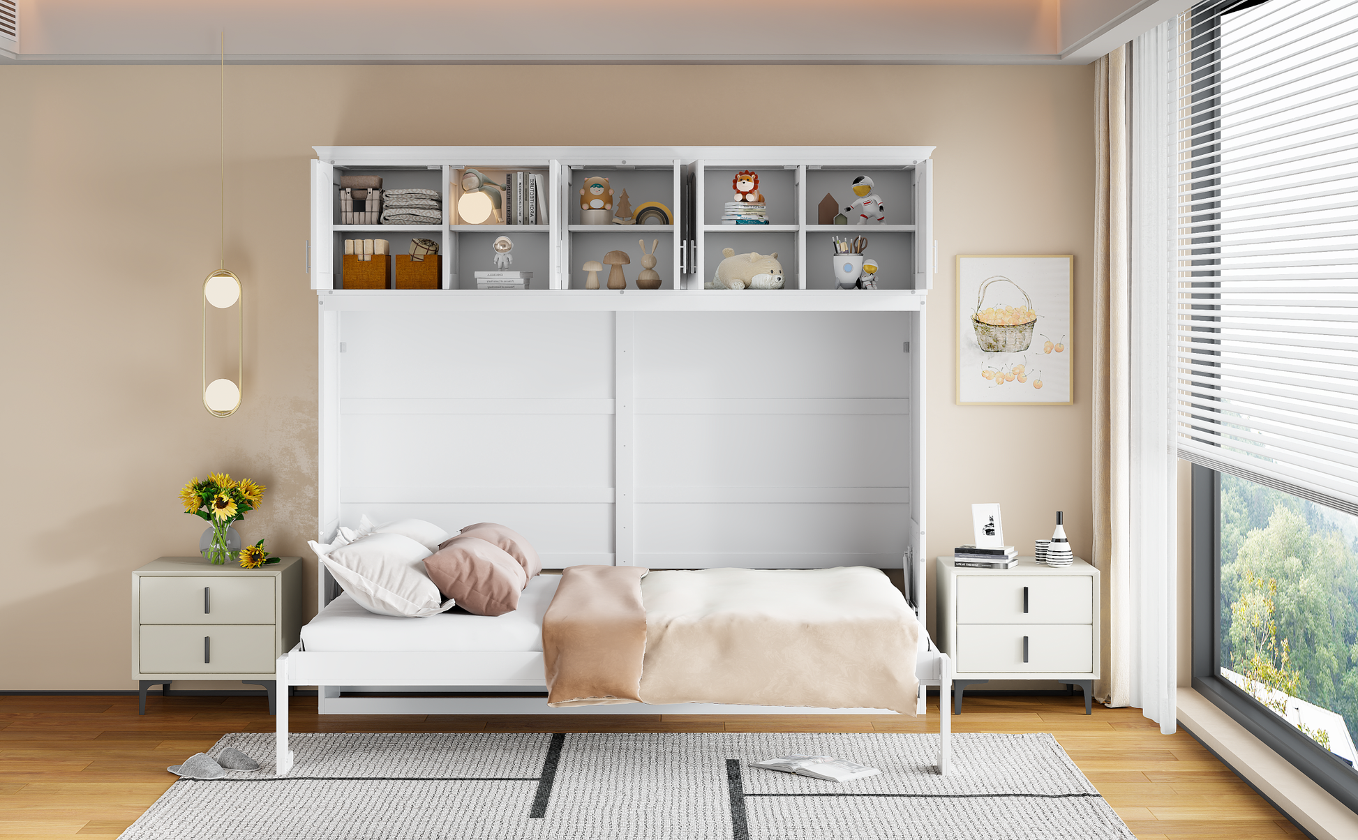 Queen Size Murphy Bed Wall Bed With Top Cabinets,White Queen White Plywood