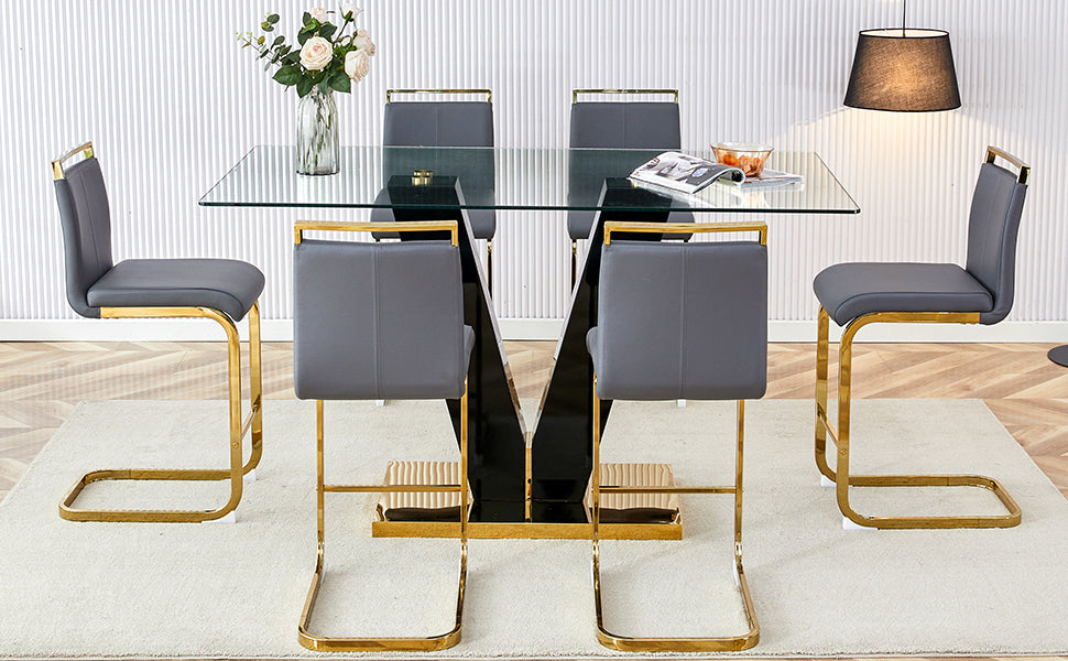Table And Chair Set,Clear Tempered Glass And Black Legs Of The Table, Pu And Gold Legs Of The Chair Black Grey Seats 6 Tempered Glass
