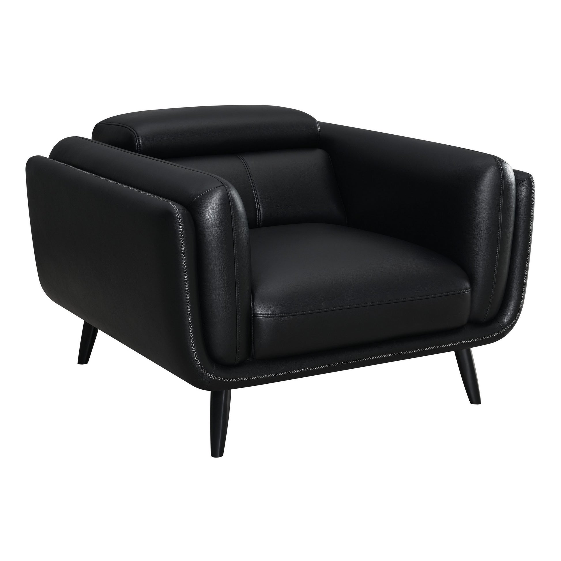 41 Inch Tuxedo Style Accent Chair, Double Track Arms, Black Faux Leather Black Wood