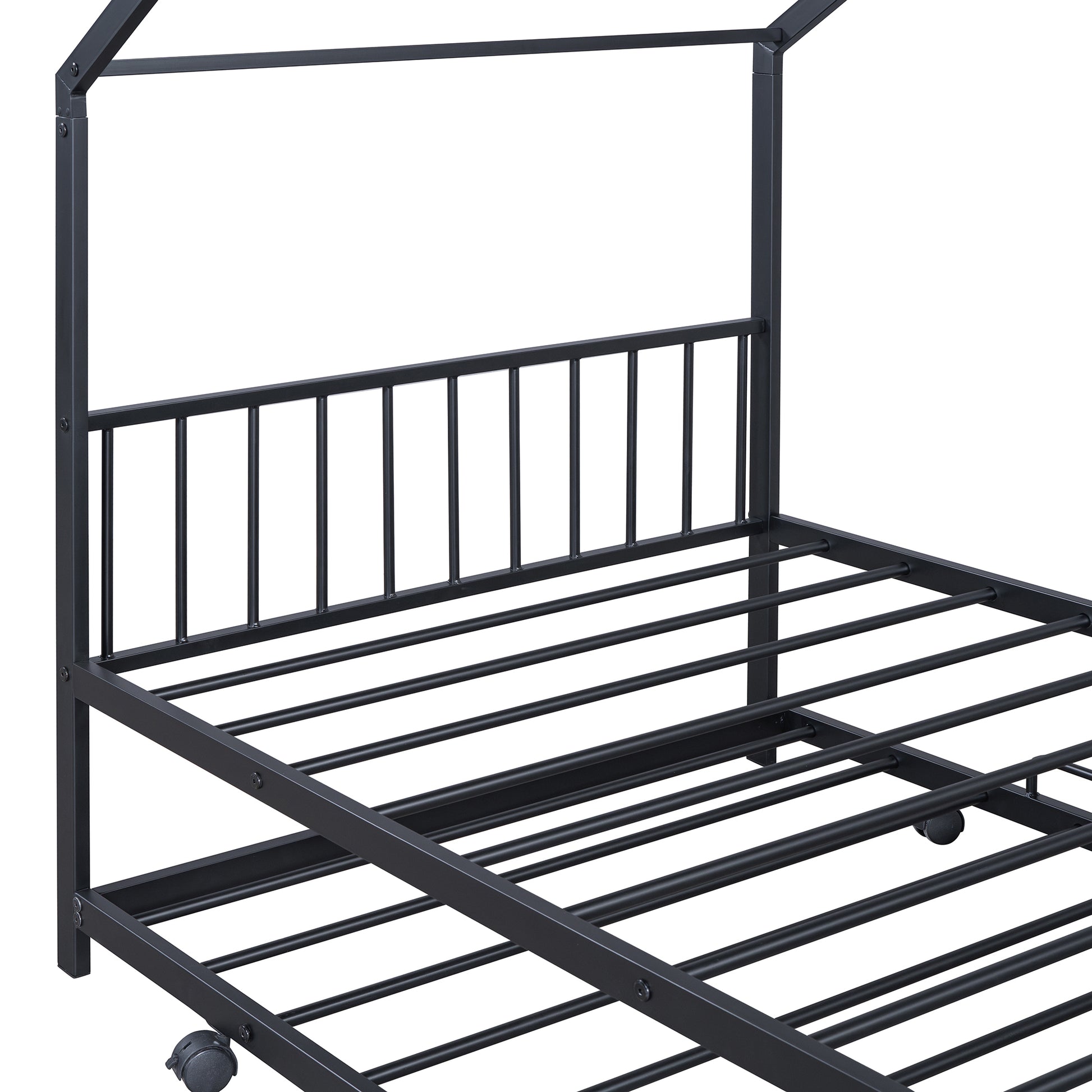 Twin Size Metal House Bed With Twin Size Trundle, Black Twin Black Metal