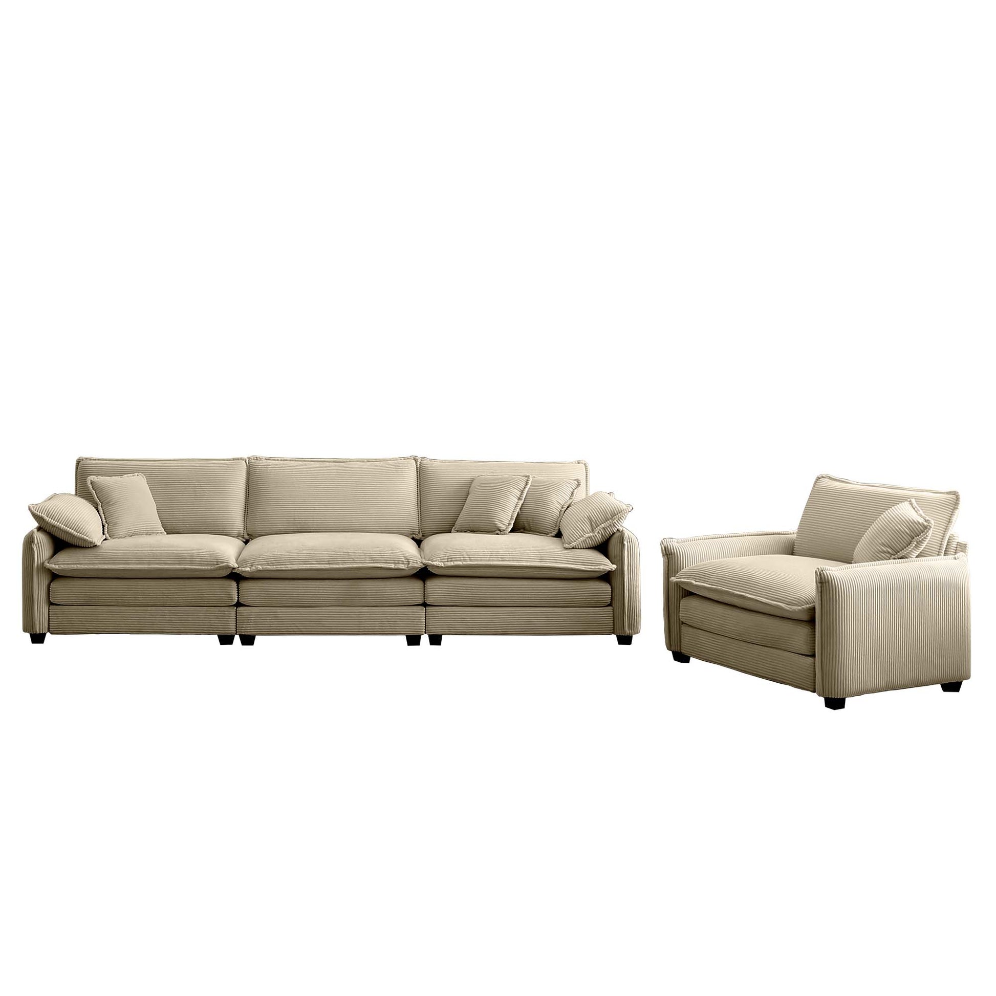 Mid Century Modern Sofa Set Of Two, One 3 Seater Sofa And One Single Seat Sofa With 2 Arm Pillows And 4 Throw Pillows,2 Pieces Sofa Set For Living Room,Tan Corduroy Fabric Tan Corduroy 4 Seat
