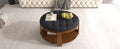 Modern Large Round Ottoman Coffee Table 2 Tier Oversized Button Tufted Ottoman With Wood Shelf Storage Upholstered Coffee Table For Living Room Footrest Ottoman With Wheel, Waterproof Linen Black Brown Rubber Wood