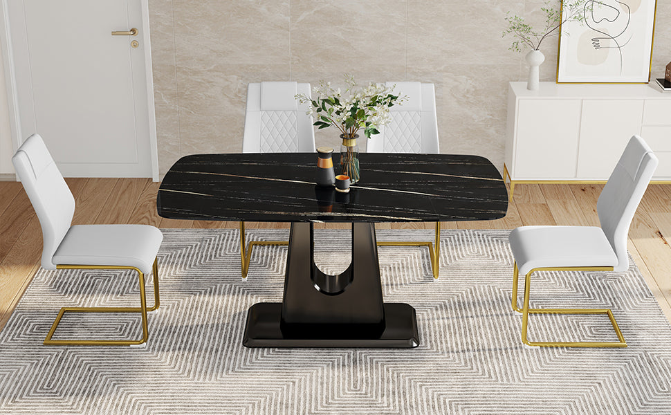 Table And Chair Set, Minimalist Dining Table, Imitation Marble Patterned Glass Tabletop, Mdf Legs With U Shaped Brackets. Paired With Comfortable Chairs, Suitable For Dining And Living Rooms. Black Gold Mdf Glass
