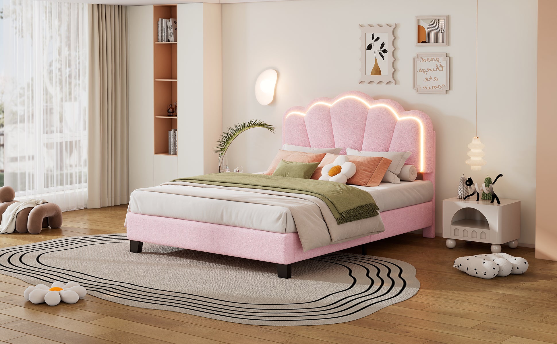 Full Size Upholstered Flower Shape Bed, Elegant Flowers Headboard With Led Light Strip ,Sherpa Fabric Platform Bed With Wooden Slats Support, Pink Full Pink Wood