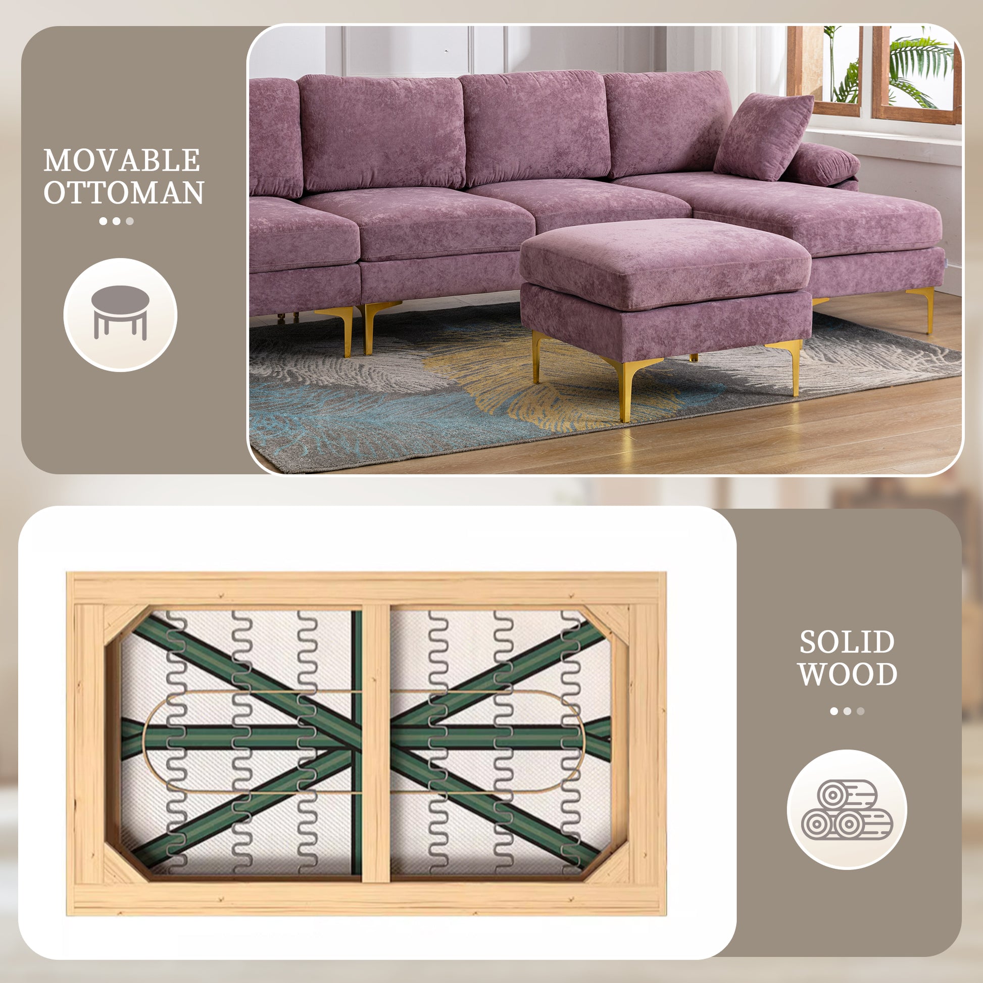 Coolmore U Shape Sectional Sofa With Ottomanreversible Sofa Couch For Living Room,Spacious Furniture,Durable Couch Removable And Machine Washable Cover Purple Velvet Purple Primary Living Space Foam Velvet 4 Seat