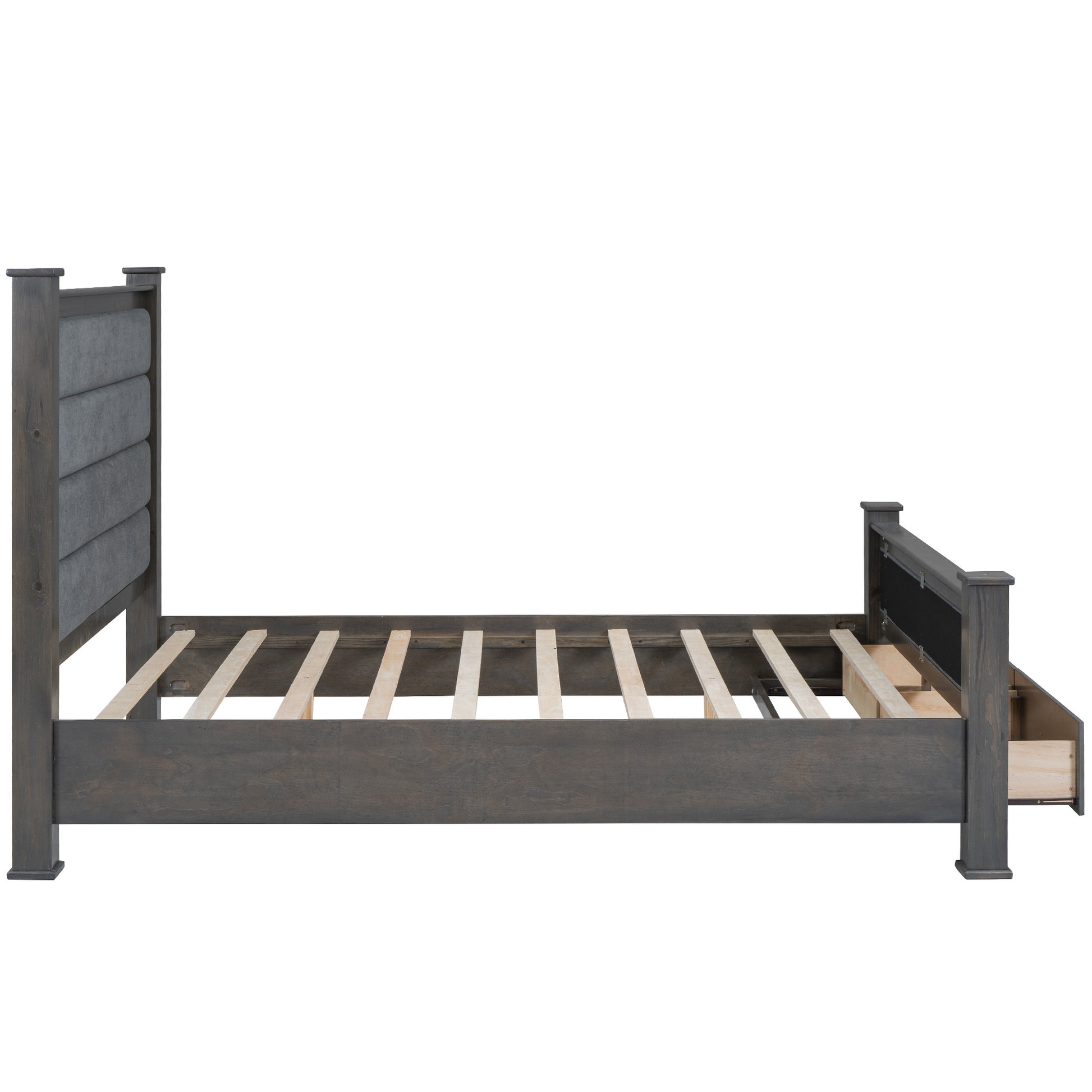 Queen Size Wood Frame Platform Bed With Upholstered Headboard, Footboard And 2 Drawers, Antique Gray Box Spring Not Required Queen Antique Gray Wood Bed Frame Solid Wood Mdf