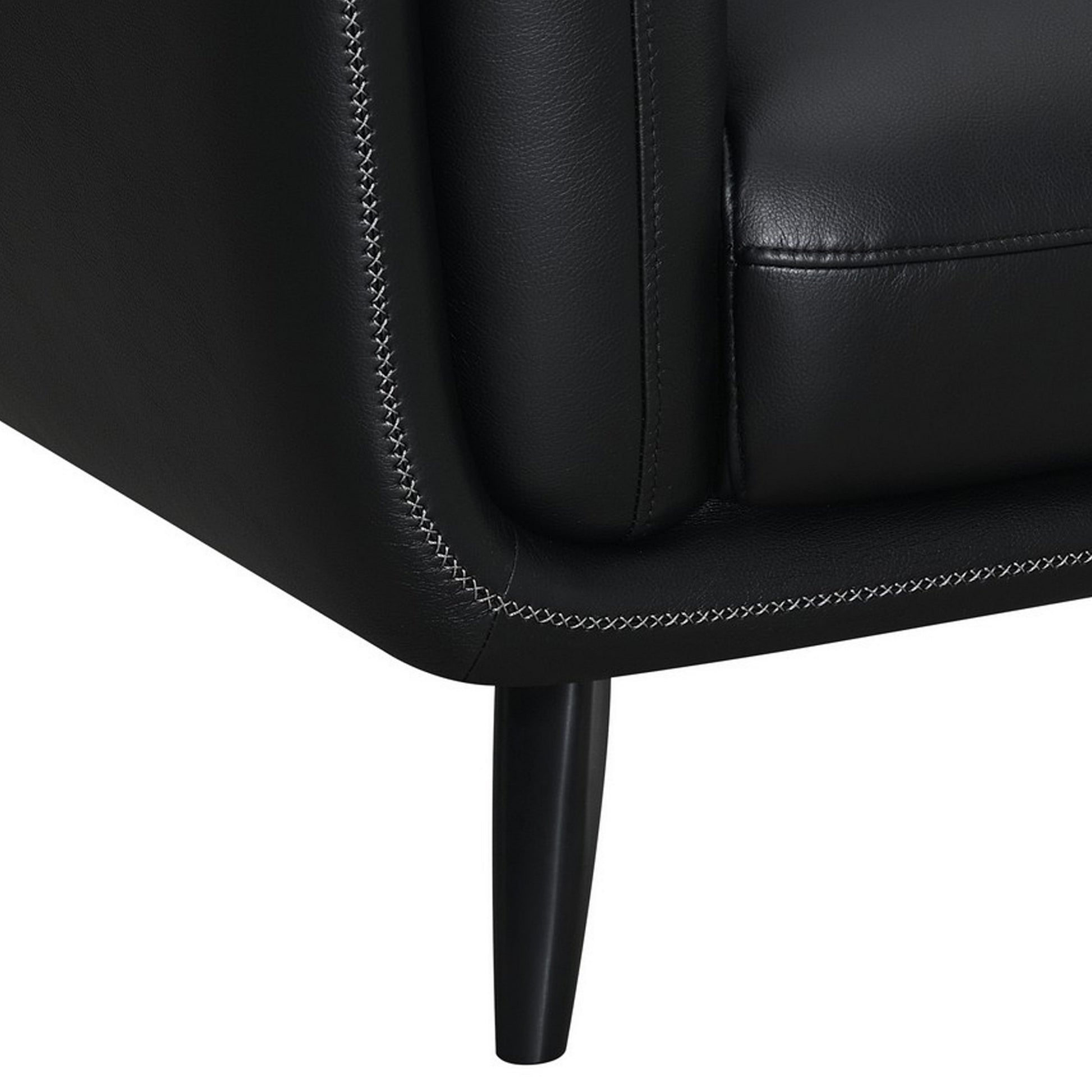 41 Inch Tuxedo Style Accent Chair, Double Track Arms, Black Faux Leather Black Wood