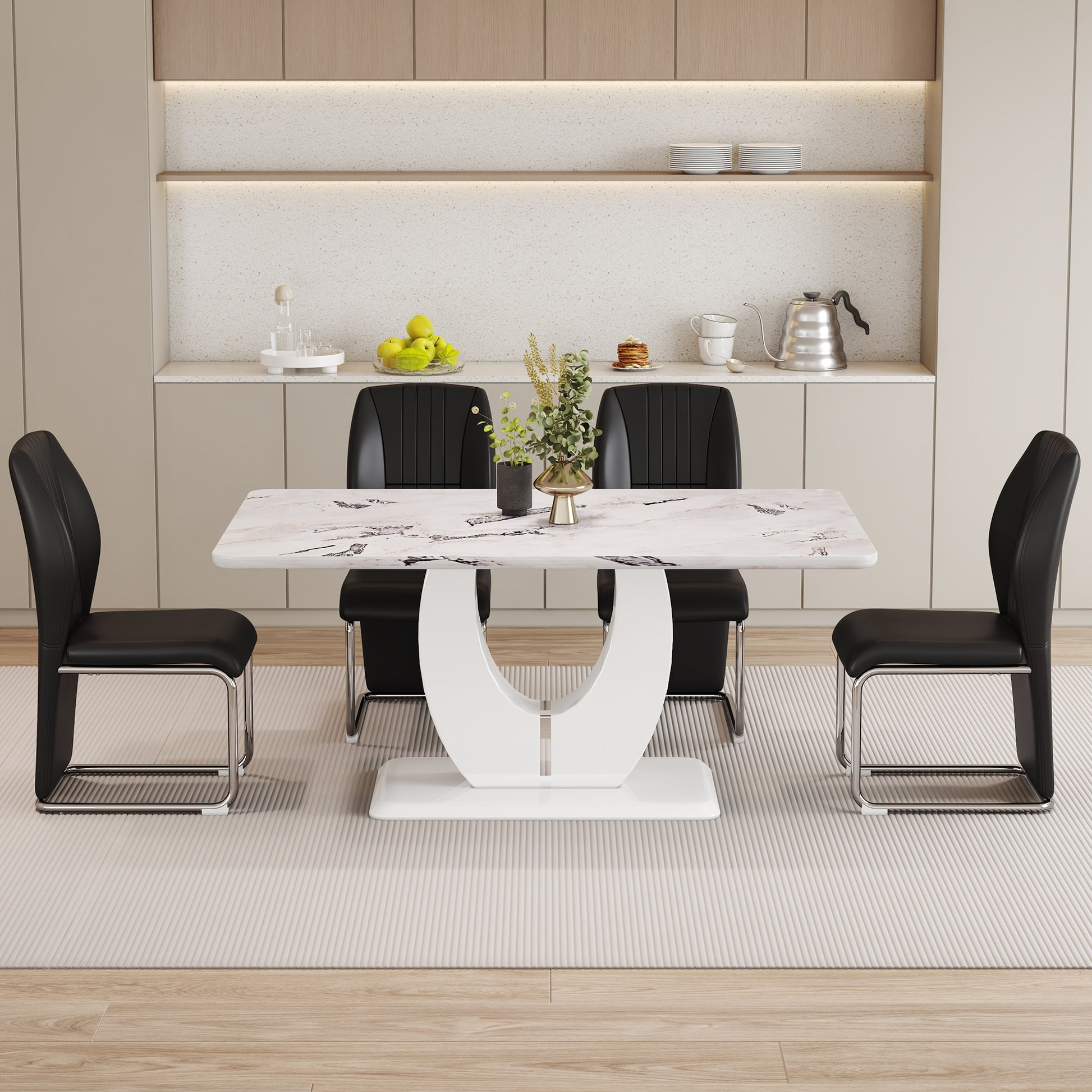 Table And Chair Set, Modern Luxurious White Imitation Marble Pattern Mdf Dining Table,Rectangular Dining Table, Matched With Uniquely Shaped Pu High Backrest Seats,Suitable For Various Occasions. White Black Seats 4 Mdf