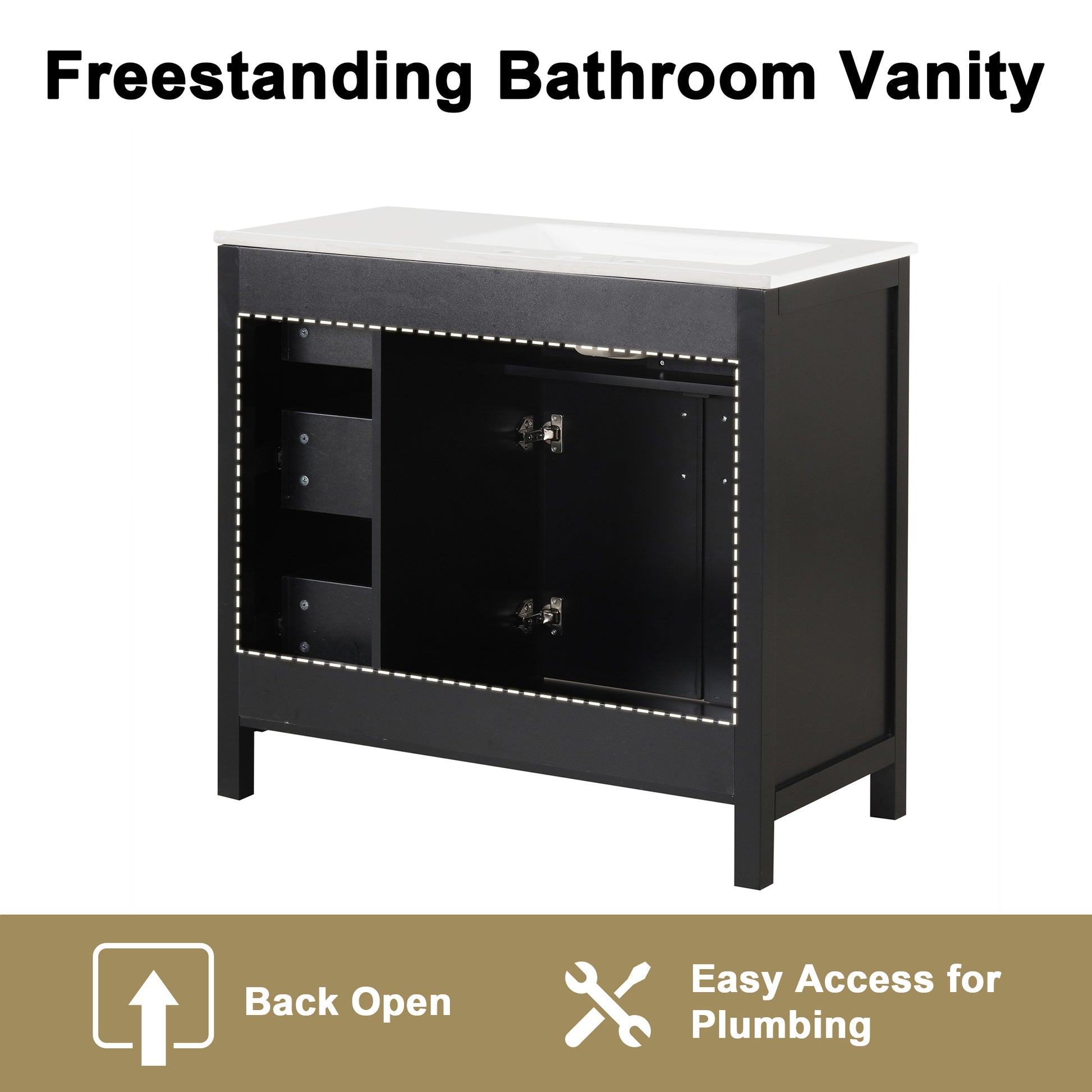 36" Bathroom Vanity With Sink Top, Bathroom Vanity Cabinet With Two Doors And Three Drawers, Solid Woodmdf Boards ,One Package, Black Black Solid Wood Mdf