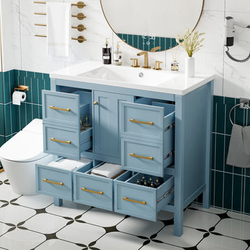 36'' Bathroom Vanity With Resin Sink Combo, Solid Wood Frame Bathroom Storage Cabinet, Freestanding Vanity Set With 5 Drawers& Soft Closing Doors Same As Sw000142Aam Blue Bathroom Solid Wood Mdf Resin