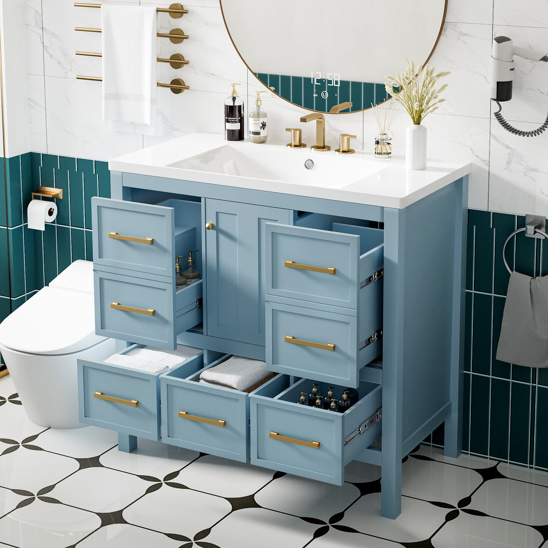 36'' Bathroom Vanity With Resin Sink Combo, Solid Wood Frame Bathroom Storage Cabinet, Freestanding Vanity Set With 5 Drawers& Soft Closing Doors Same As N710S136002M Blue Bathroom Solid Wood Mdf Resin