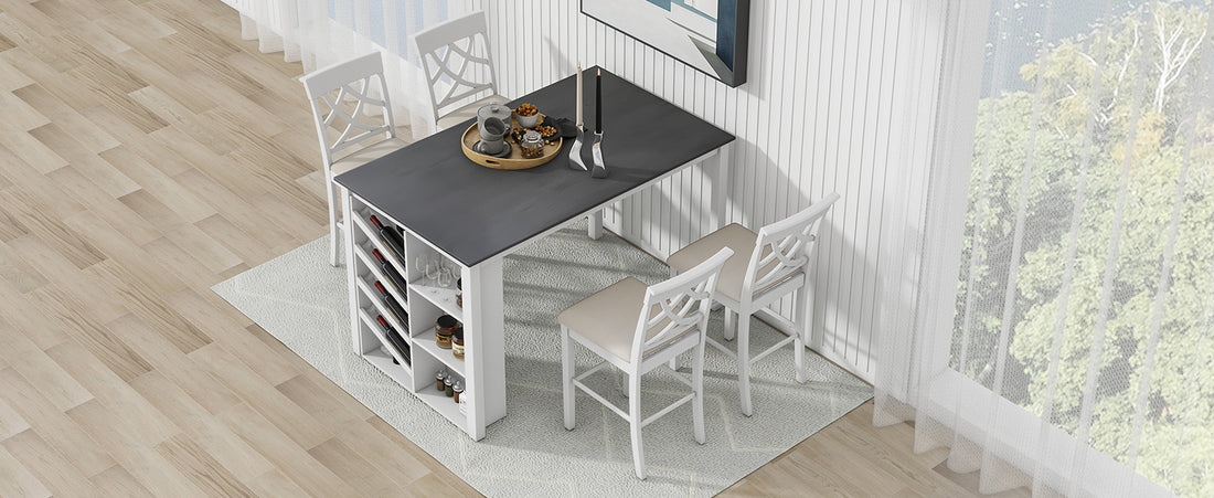 Updated Counter Height 5 Piece Solid Wood Dining Table Set, 59*35.4Inch Table With Curved Wine Rack And 4 Upholstered Chairs, White Wood Dining Room Solid Wood Rubberwood Rectangular Dining Table With Chair Wood Wood White Solid Back Seats 4 Farmhouse 4