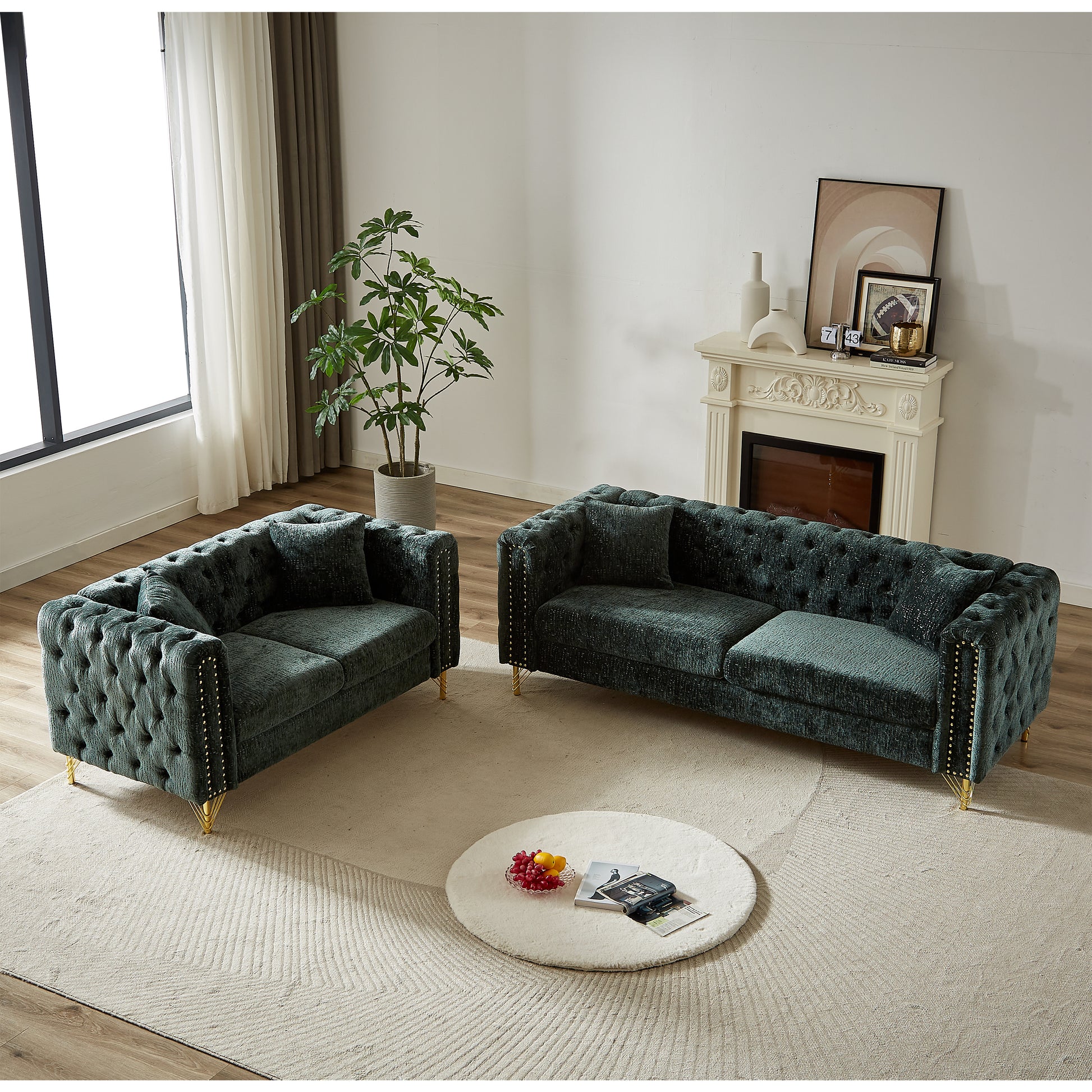 Chenille Pull Buckle Design Sofa For Living Room,Buttons Tufted With Copper Nail Decoration Armrest, Modern Couch Upholstered Button And Metal Legs Green Foam Chenille 5 Seat