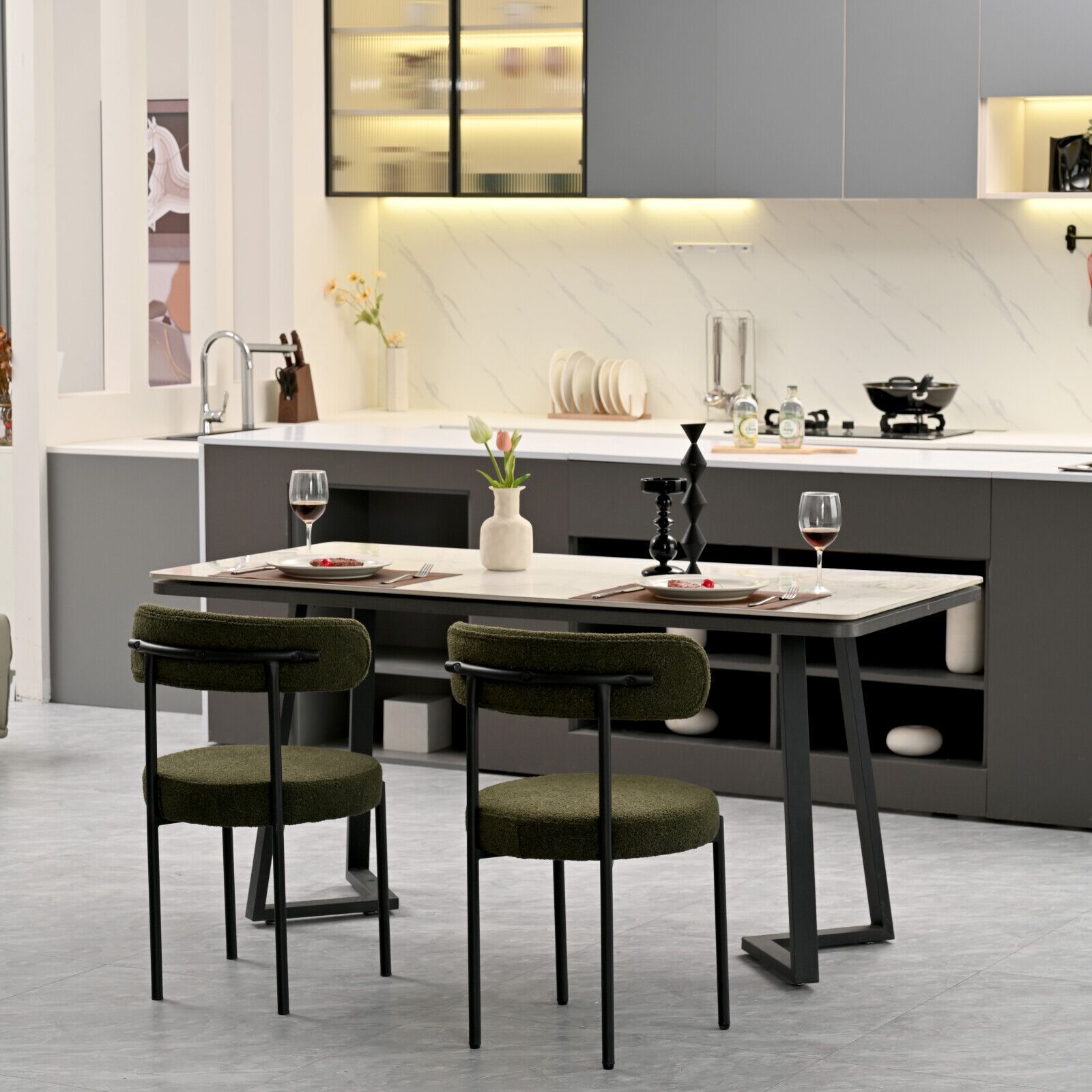 Green Boucle Dining Chairs Set Of 2,Mid Century Modern Curved Backrest Chair,Round Upholstered Kitchen Chairs Metal Green Dining Room Round Modern Dining Chairs Velvet