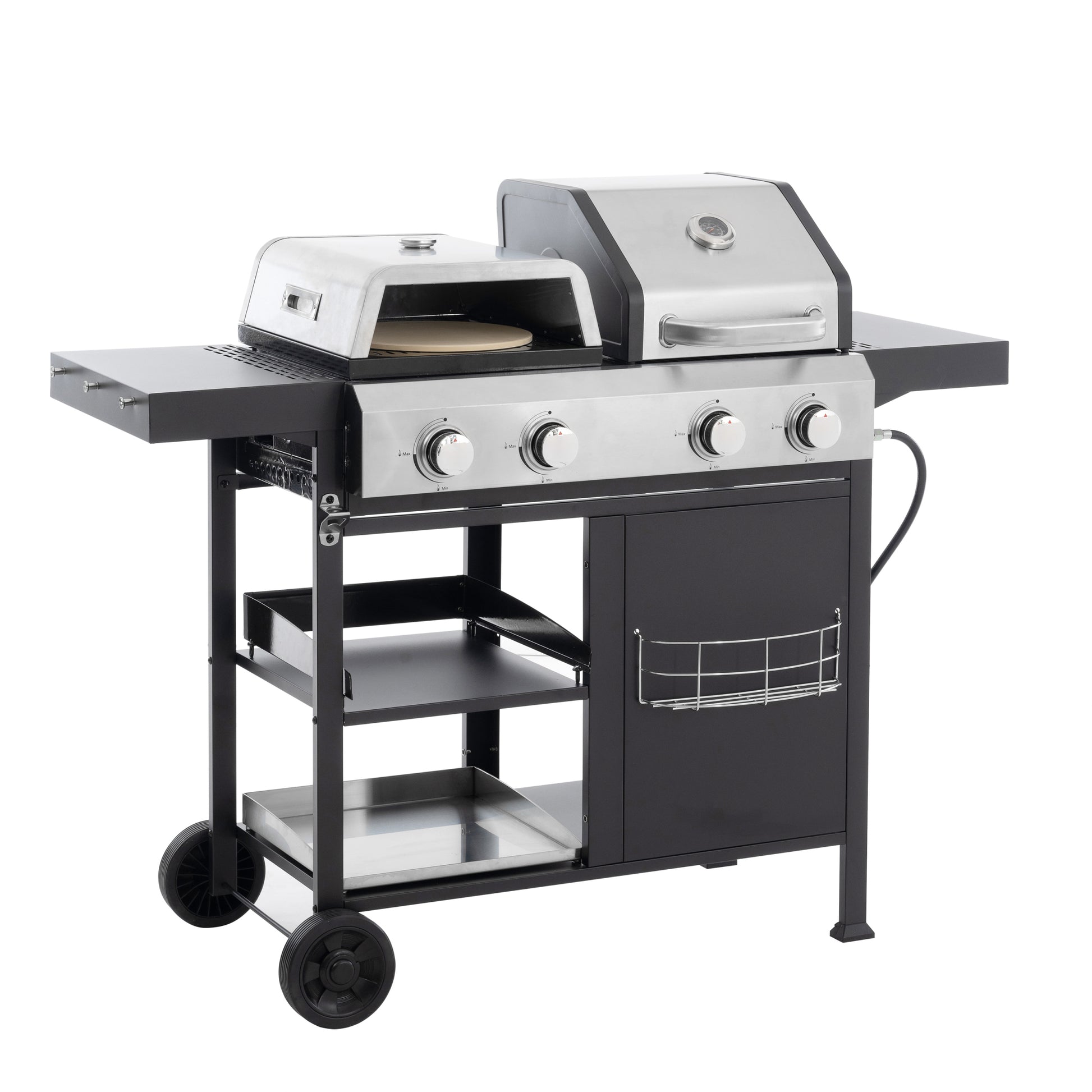 2 2 Multi Function Burner Gas Grill And Griddle Combo With Cover For Outdoor Cooking While Camping Or Tailgating Bbq,Frying,Pizza. Black And Silver Stainless Steel