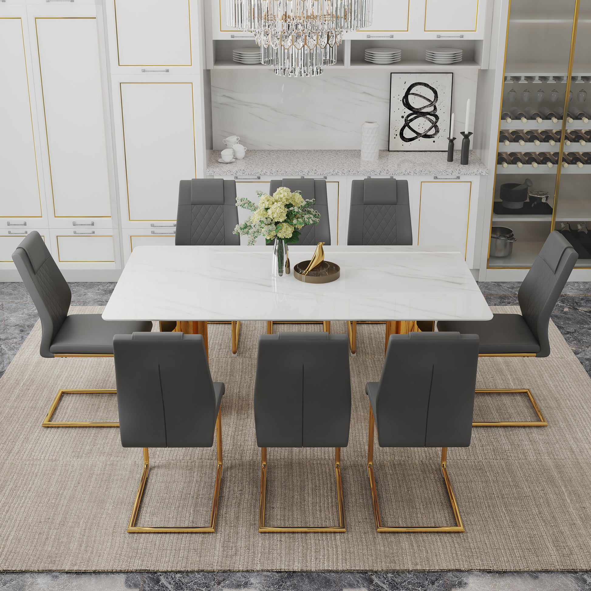 Table And Chair Set.The Table Has A Glass Tabletop With Imitation Marble Pattern Stickers And Stainless Steel Golden Table Legs. Paried With Comfortable Chairs With Pu Seats And Metal Legs. White Gold Seats 8 Glass Metal