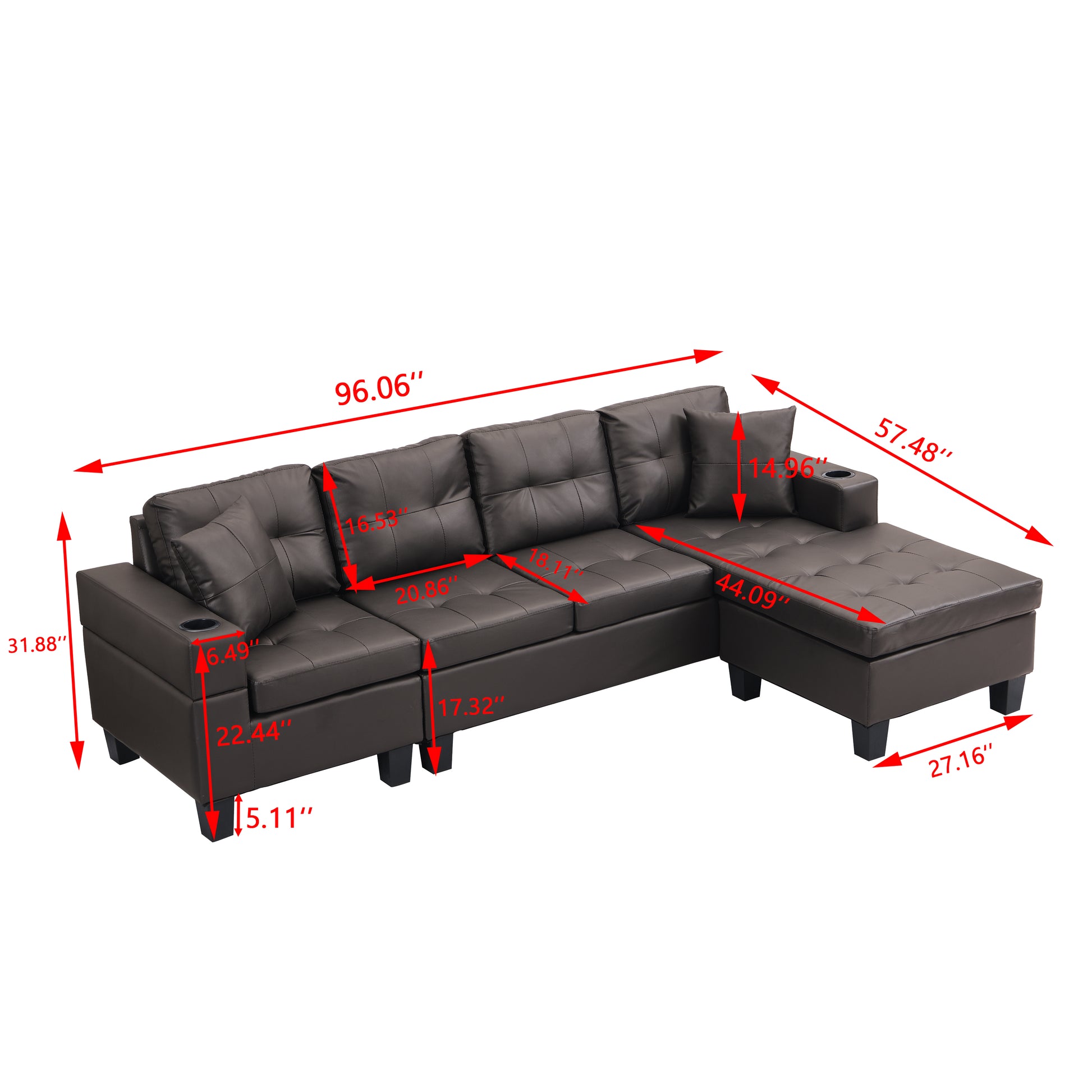 Sectional Sofa Set For Living Room With L Shape Chaise Lounge ,Cup Holder And Left Or Right Hand Chaise Modern 4 Seat Chocolate Brown Dark Brown Pu 4 Seat