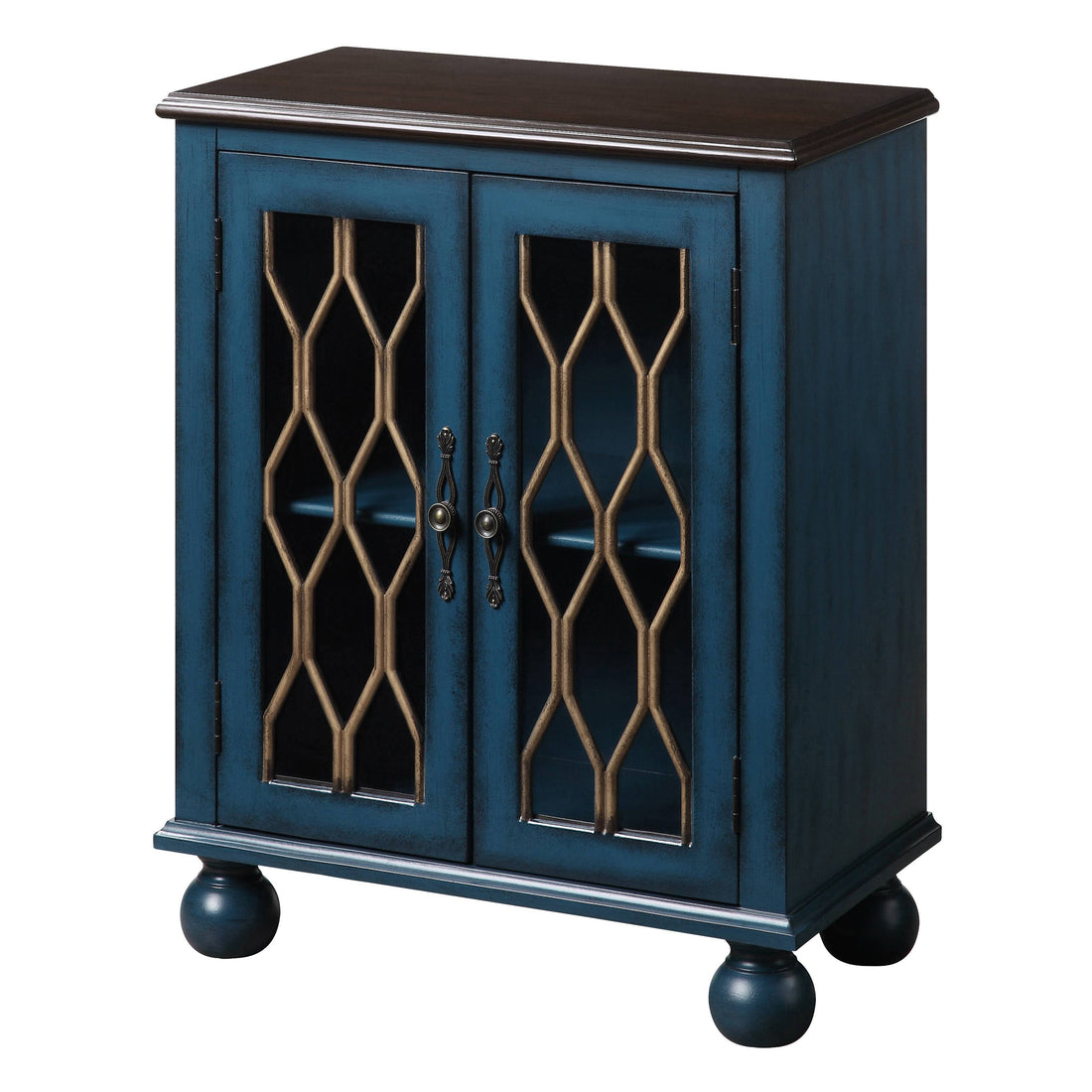 Antique Blue Console Table With Glass Doors Blue Primary Living Space Rubberwood Rectangular Wood Glass