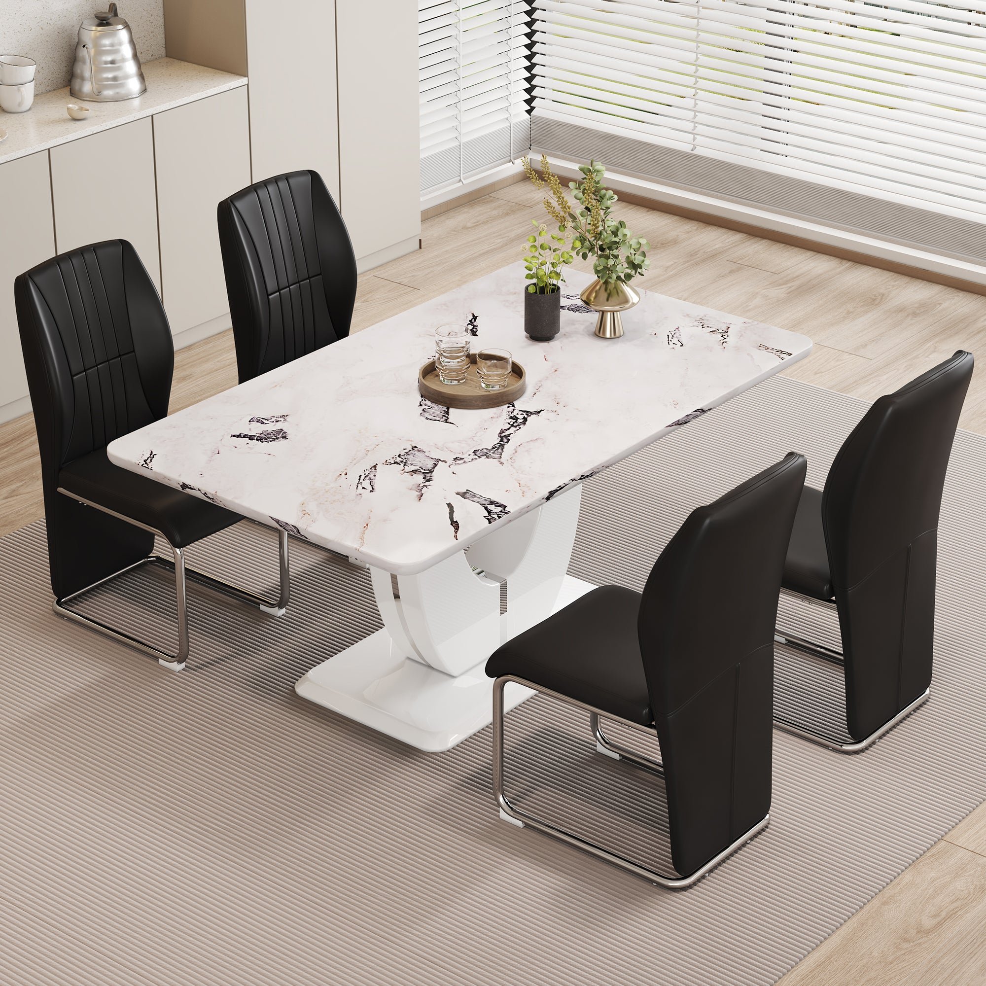 Table And Chair Set, Modern Luxurious White Imitation Marble Pattern Mdf Dining Table,Rectangular Dining Table, Matched With Uniquely Shaped Pu High Backrest Seats,Suitable For Various Occasions. White Black Seats 4 Mdf