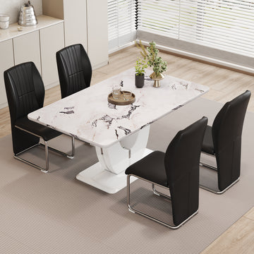 Table And Chair Set, Modern Luxurious White Imitation Marble Pattern Mdf Dining Table,Rectangular Dining Table, Matched With Uniquely Shaped Pu High Backrest Seats,Suitable For Various Occasions. White Black Seats 4 Mdf