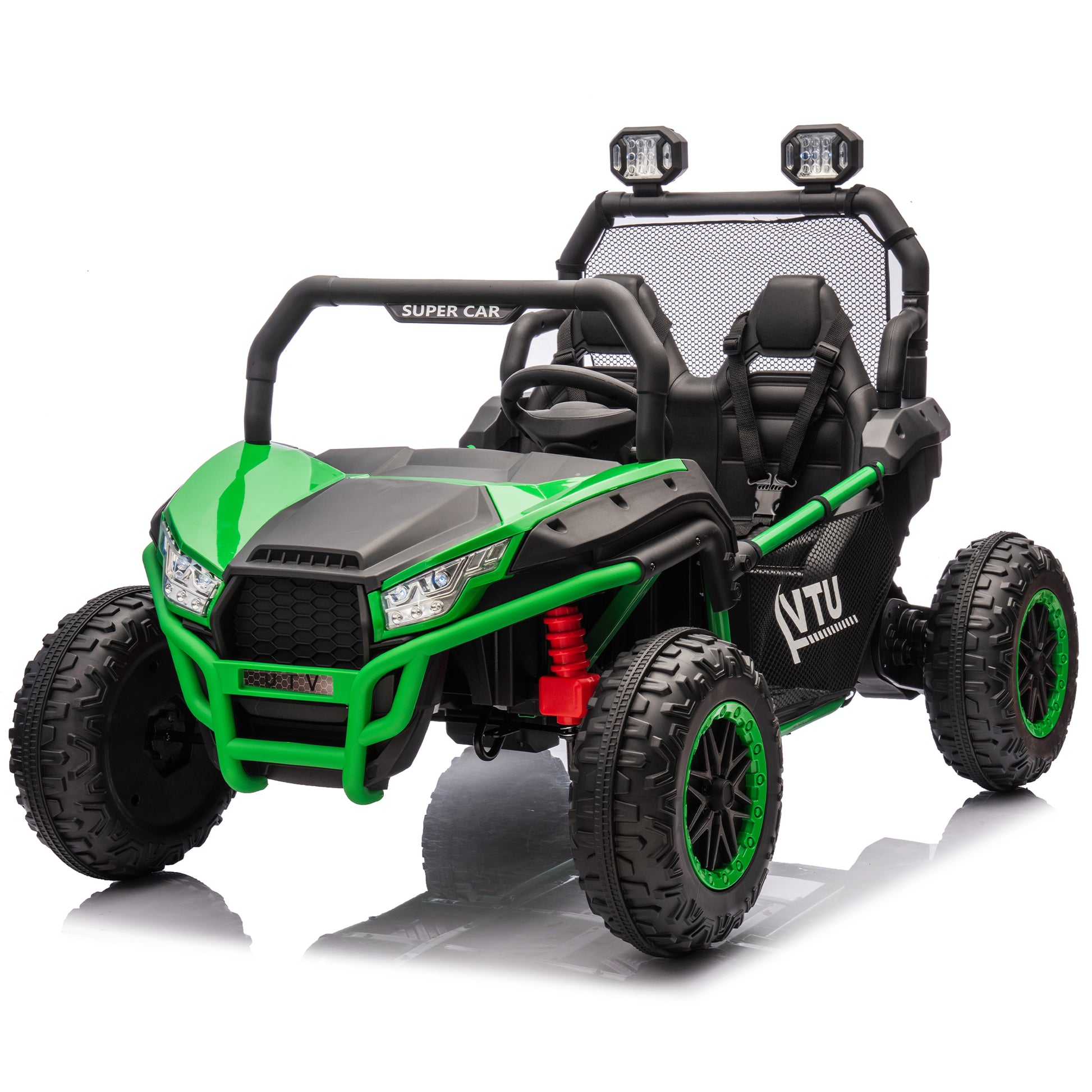 24V Two Seater Kids Ride On Utv W Parents Control,400W Super Power,Four Wheel Suspension,Led Light With Rear Searchlight,Bluetooth,Mp3,Music,Rear Storage Space,Speeds 3.73 4.97Mph For Kids Aged 3 . Green 50 99 Lbs Polypropylene