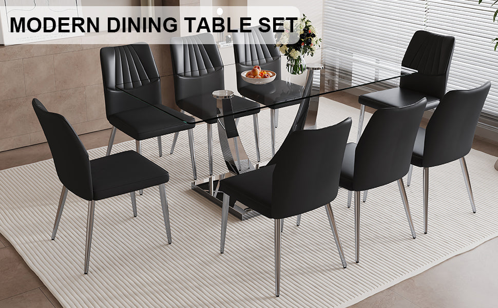 Table And Chair Set.Contemporary, Minimalist Rectangular Dining Table Featuring A Clear Tempered Glass Top And Sleek Silver Legs. Paried With Chairs Made Of Pu Material Cushion And Silver Metal Legs. Black Seats 8 Glass Metal