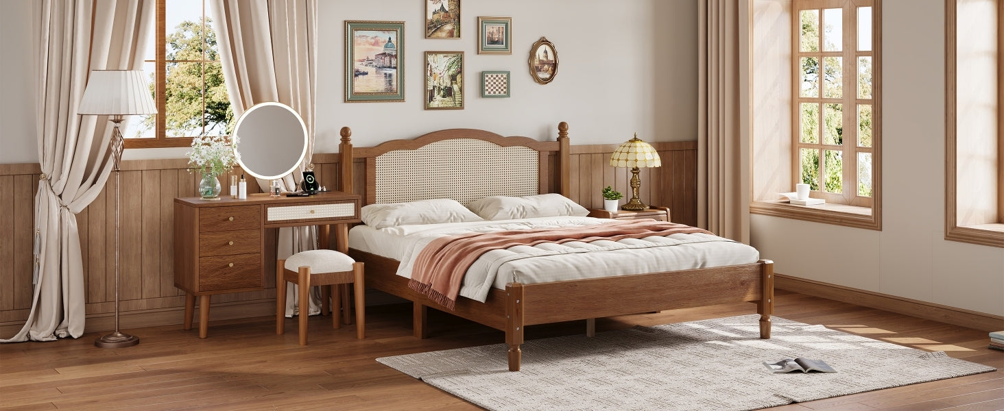 3 Pieces Bedroom Set With Queen Size Wooden Bed Frame, 1 Vintage Nightstand And 1 Makeup Vanity Set With Stool,Walnut Queen Walnut 3 Piece Set Wood