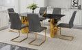 Table And Chair Set.The Table Has A Glass Tabletop With Imitation Marble Pattern Stickers And Stainless Steel Golden Table Legs. Paried With Comfortable Chairs With Pu Seats And Metal Legs. Gold Black Seats 6 Glass Metal