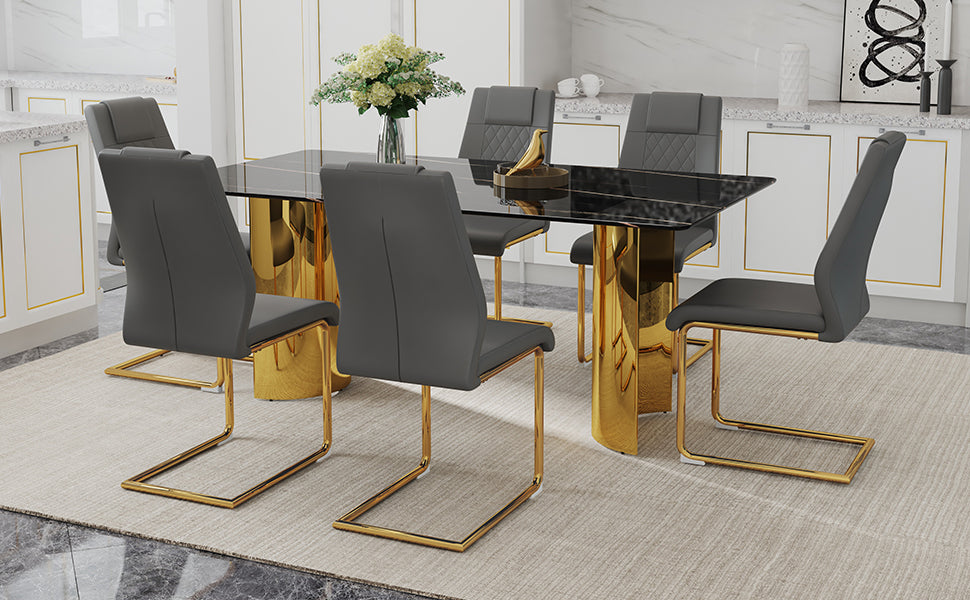 Table And Chair Set.The Table Has A Glass Tabletop With Imitation Marble Pattern Stickers And Stainless Steel Golden Table Legs. Paried With Comfortable Chairs With Pu Seats And Metal Legs. Gold Black Seats 6 Glass Metal