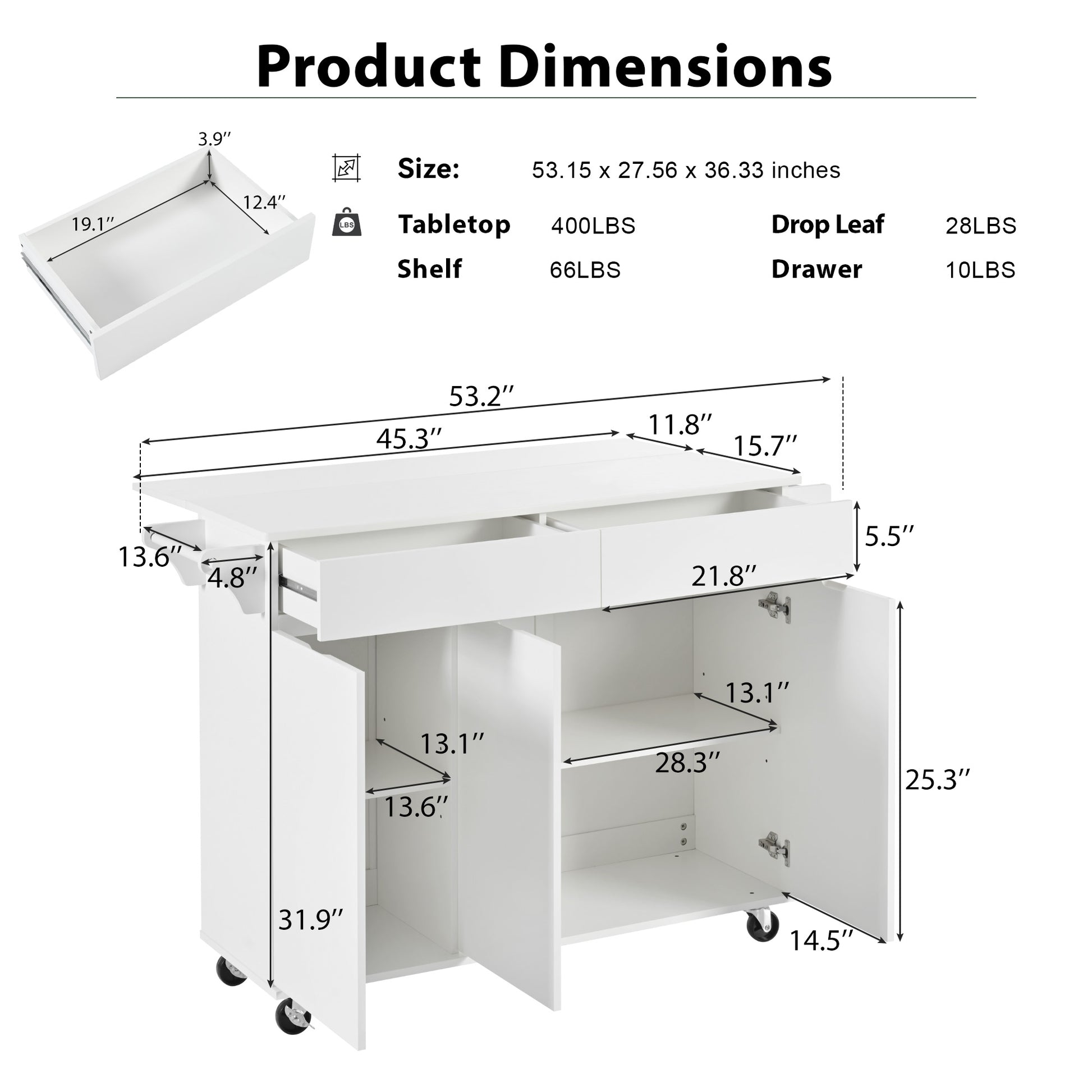 K&K 53.2'' Kitchen Island With Drop Leaf, Kitchen Storage Cart With Spice Rack, Towel Rack And 2 Drawers, Rolling Kitchen Island On Wheels With Adjustable Shelves For Kitchen, Dining Room, White White Brown Kitchen Artsy,Casual,Classic,Minimalist,Modern