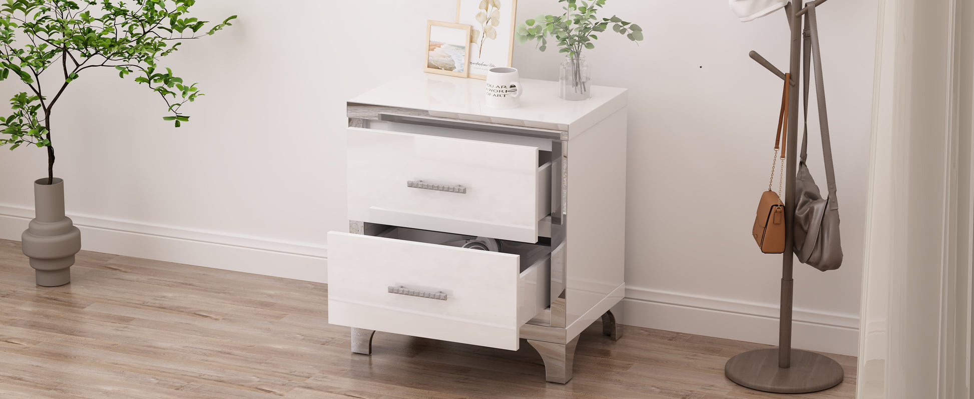 Elegant High Gloss Nightstand With Metal Handle,Mirrored Bedside Table With 2 Drawers For Bedroom,Living Room,White White Particle Board