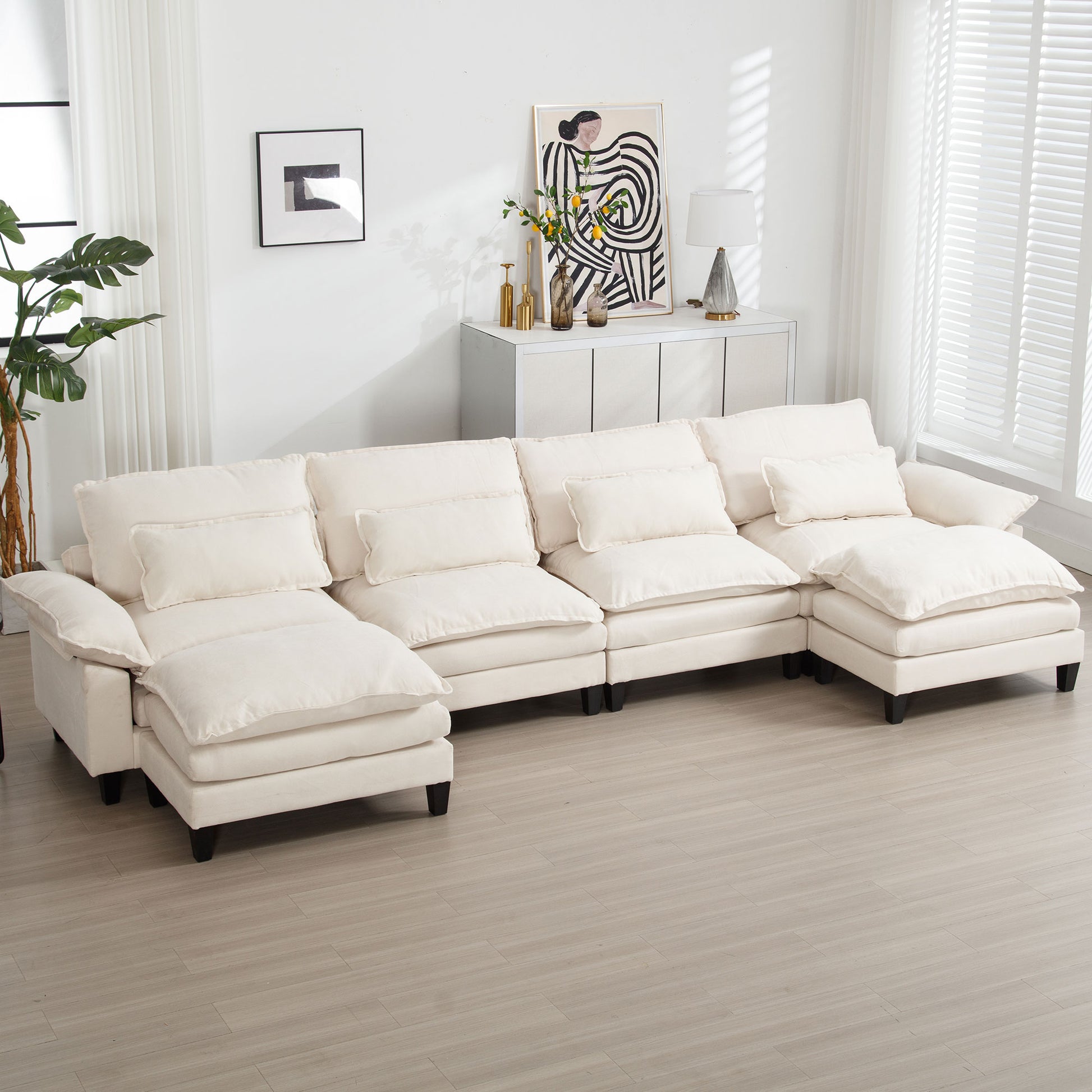 154.8" Oversized Modular Sofaice Velvet Large U Shaped Couch Comfy Upholstered 4 Seat Sofa With 2 Ottoman, 4 Lumbar Pillow, Deep Seat Couch For Living Room Beige Wood Primary Living Space Modern Foam Polyester 6 Seat