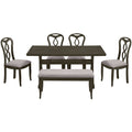 Retro 6 Piece Trestle Dining Table Set With Upholstered Dining Chairs And Dining Bench, Smooth Dining Backs For Dining Room, Living Room, Kitchen, Gray Gray Wood Dining Room Solid Wood Rubberwood Rectangular Dining Table With Chair And Bench Upholstered